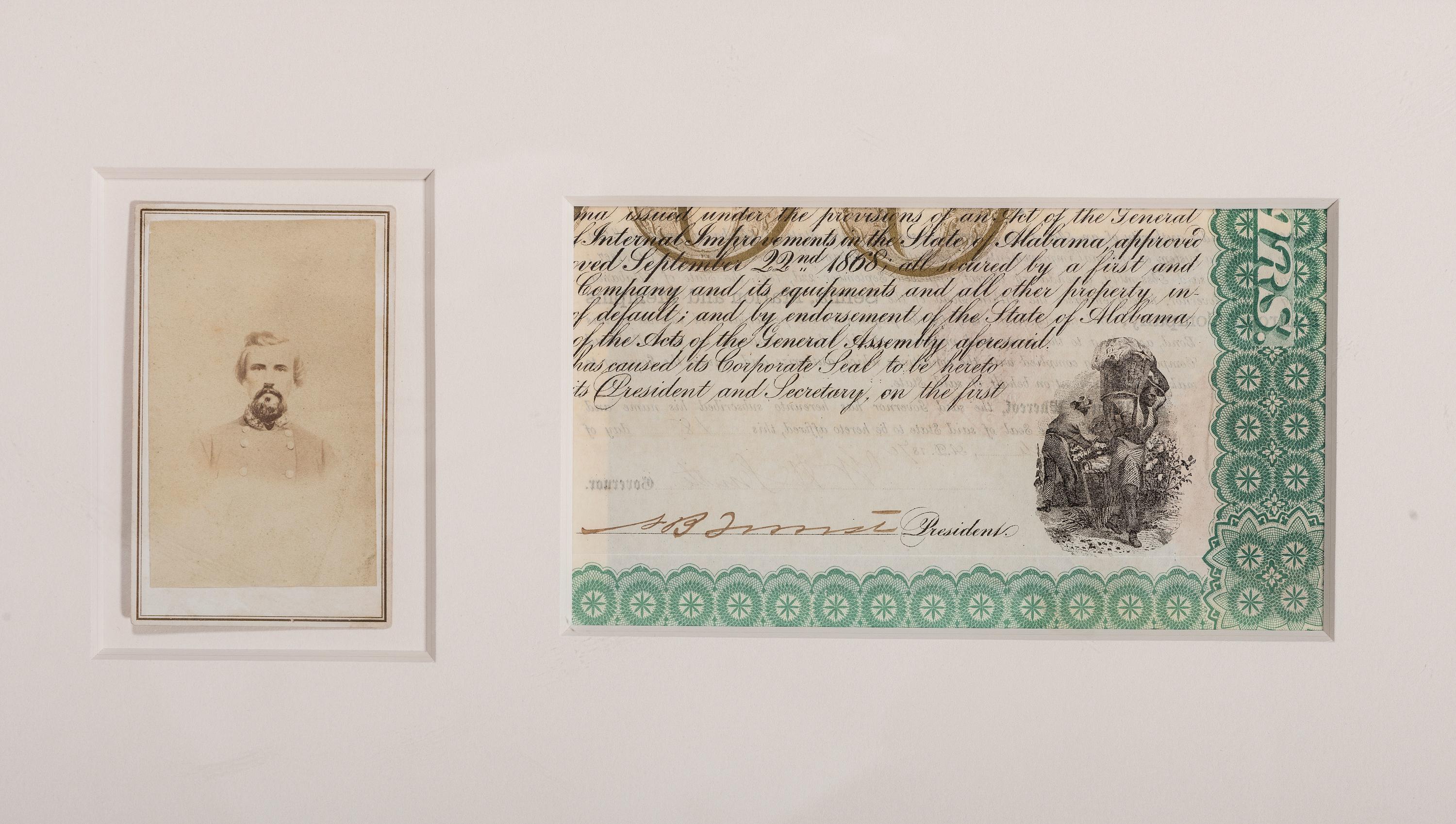 [CIVIL WAR]. FORREST, Nathan Bedford (1821-1877). CDV with unusual Jackson, Tennessee, imprint and partial document signed by Nathan Bedford Forrest.