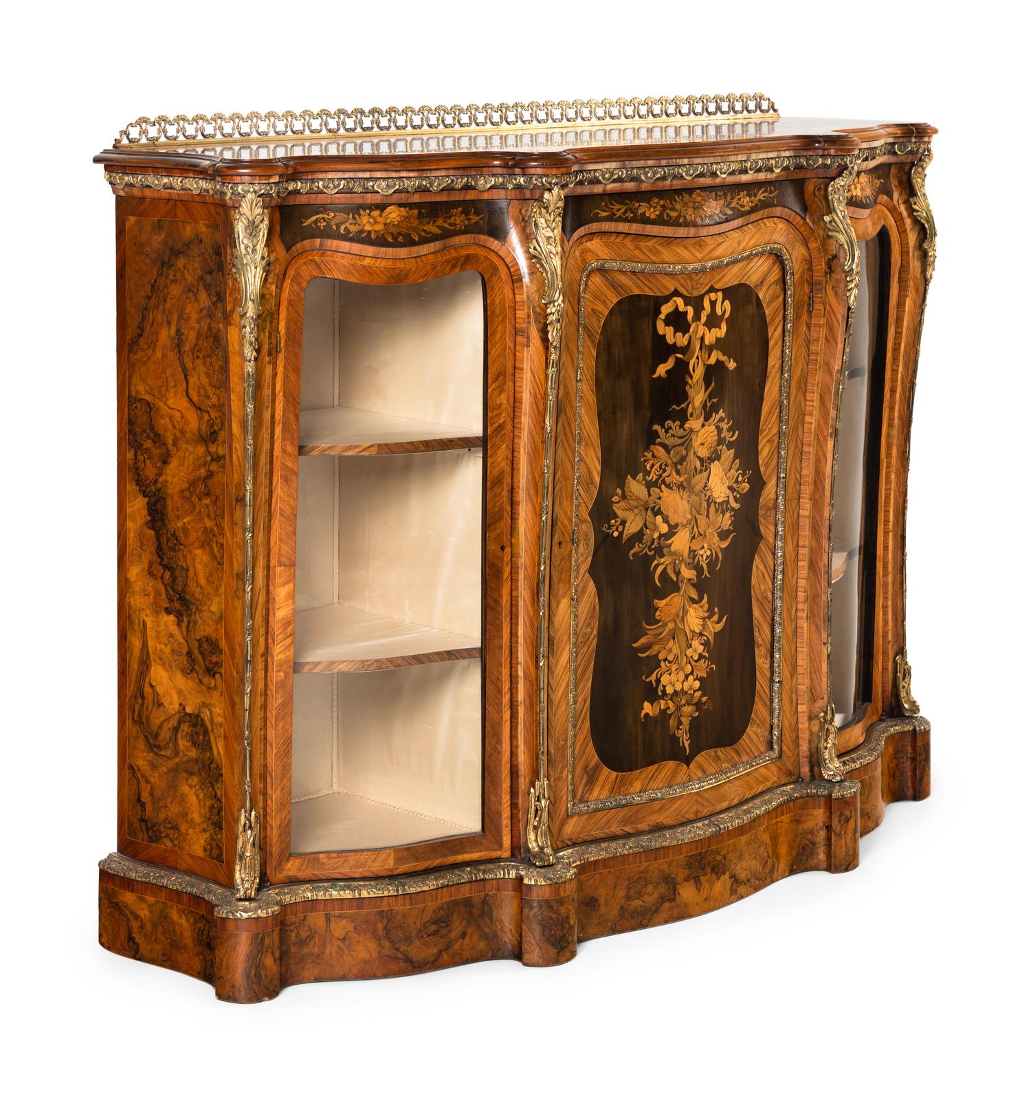 A Victorian Gilt Bronze Mounted Walnu t, Crossbanded Kingwood and Floral Marquetry Console Cabinet