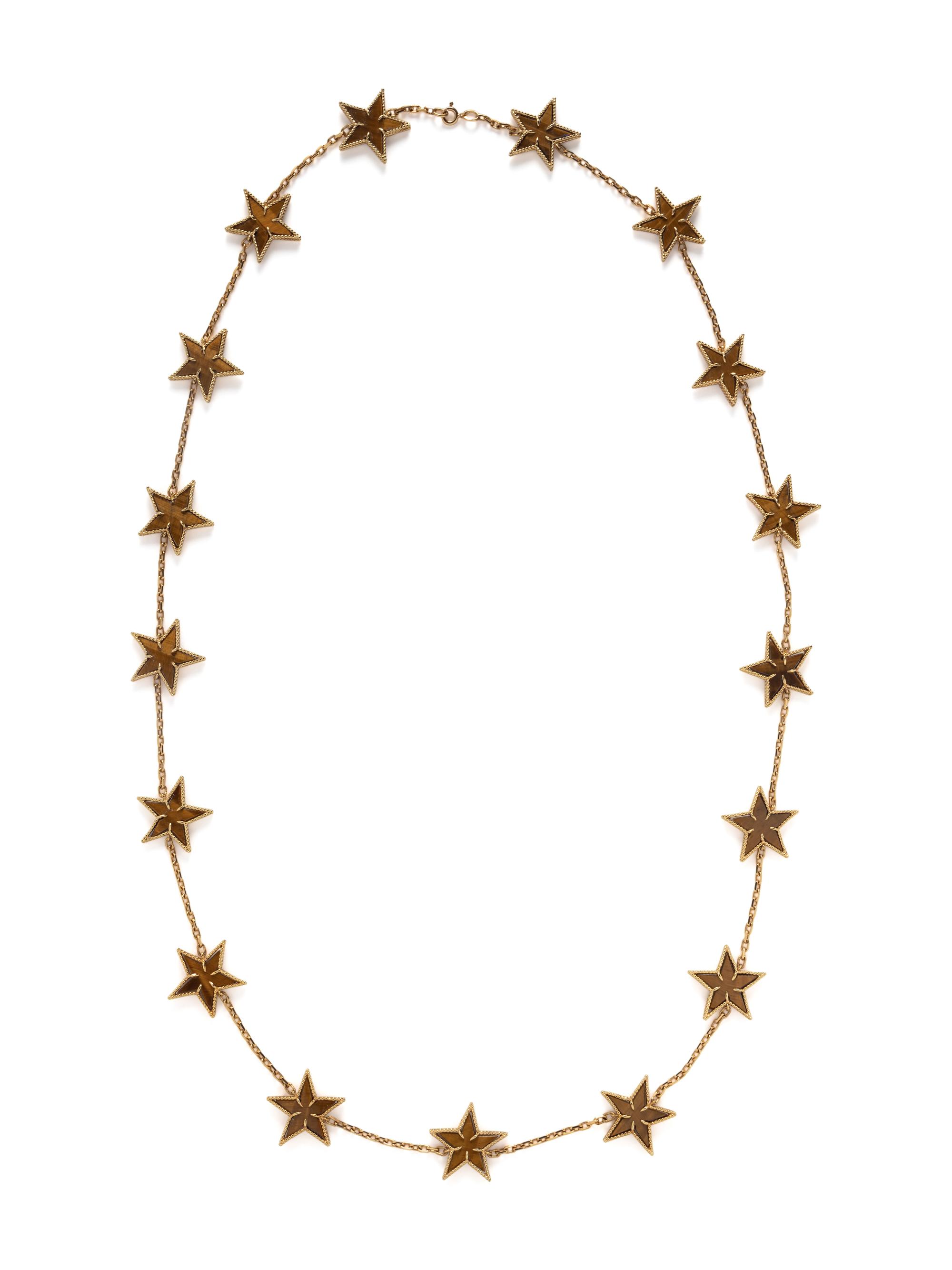 TIGER'S EYE AND GOLD STAR LONG CHAIN NECKLACE
