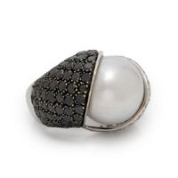 Cultured Pearl, Diamond, and Black Diamond Ring