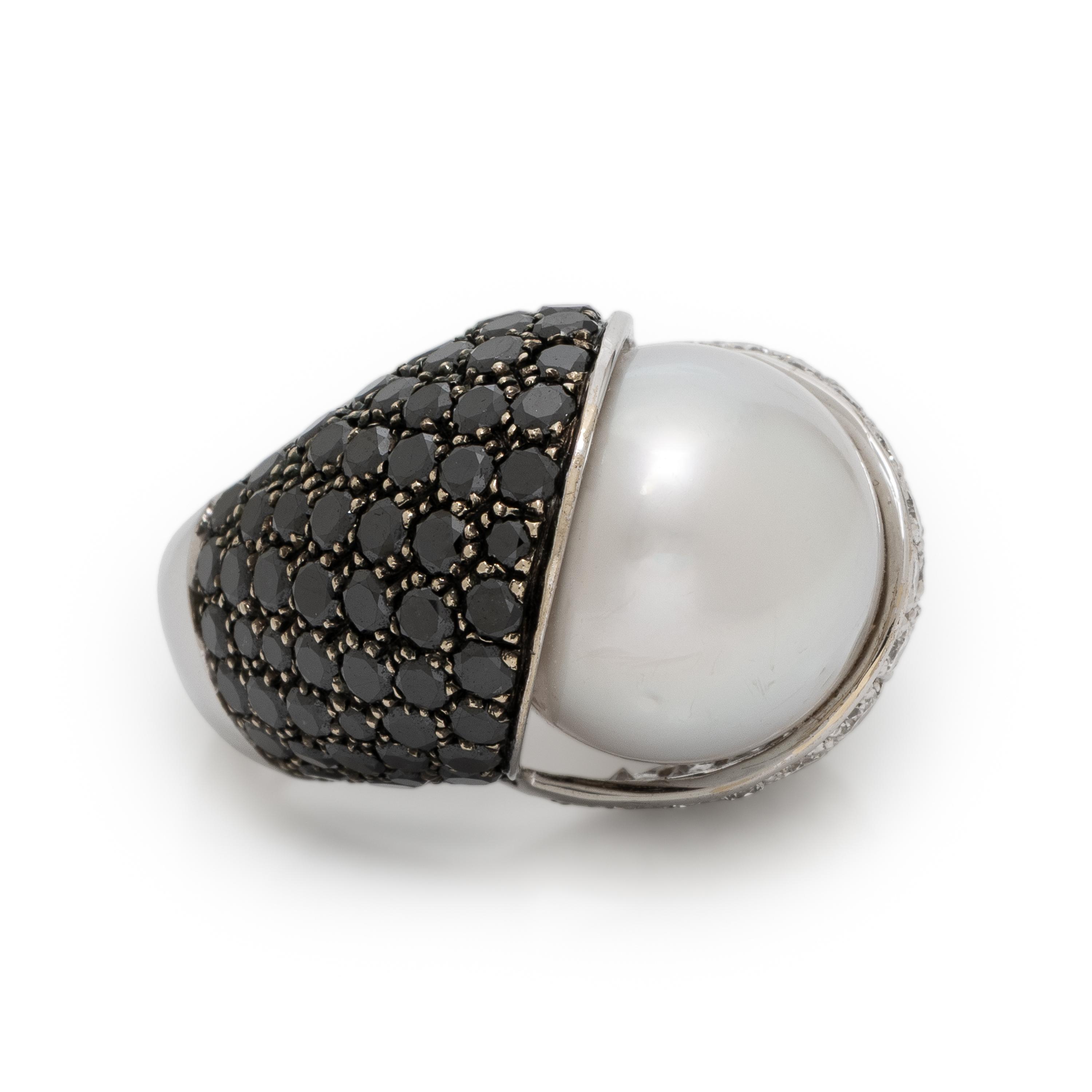 Cultured Pearl, Diamond, and Black Diamond Ring