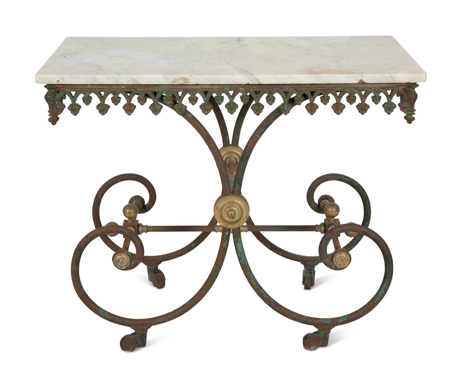 A French Patinated Iron and Marble Pastry Table