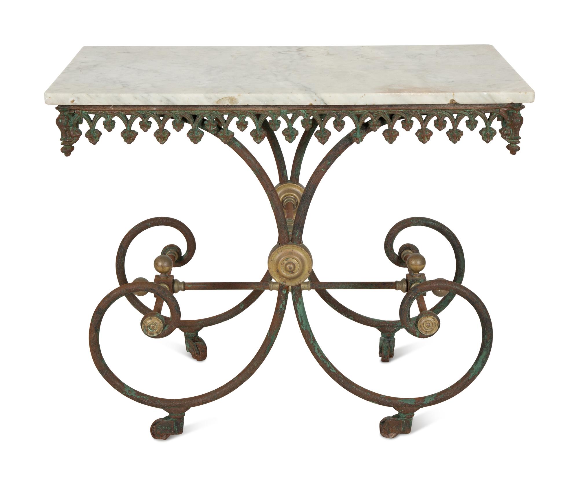 A French Patinated Iron and Marble Pastry Table