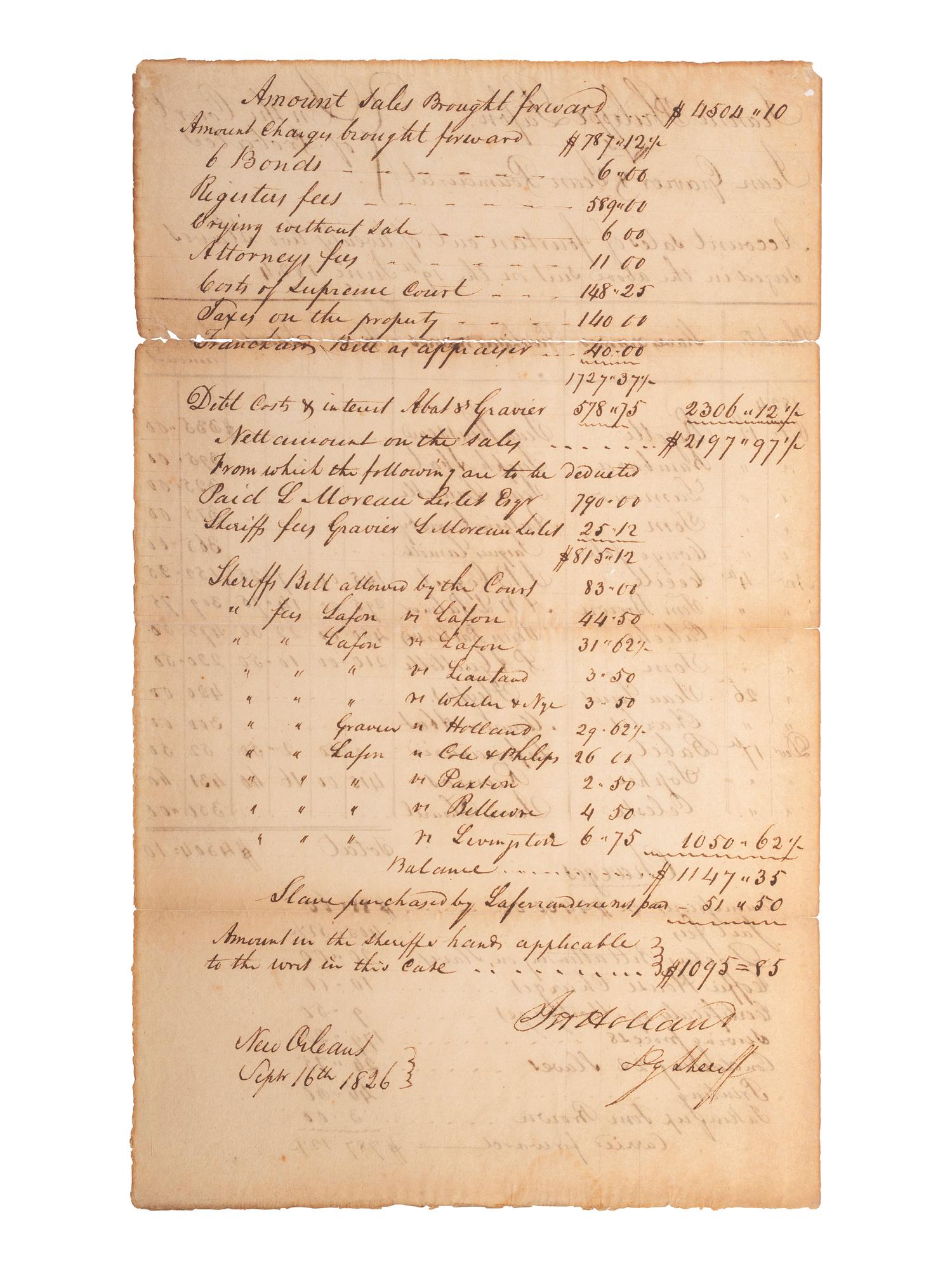 [AFRICAN AMERICANA -- SLAVERY & ABOLITION]. Legal document outlining the sale of 14 enslaved individuals featuring their names along with the names of their enslavers. New Orleans, 16 September 1826.