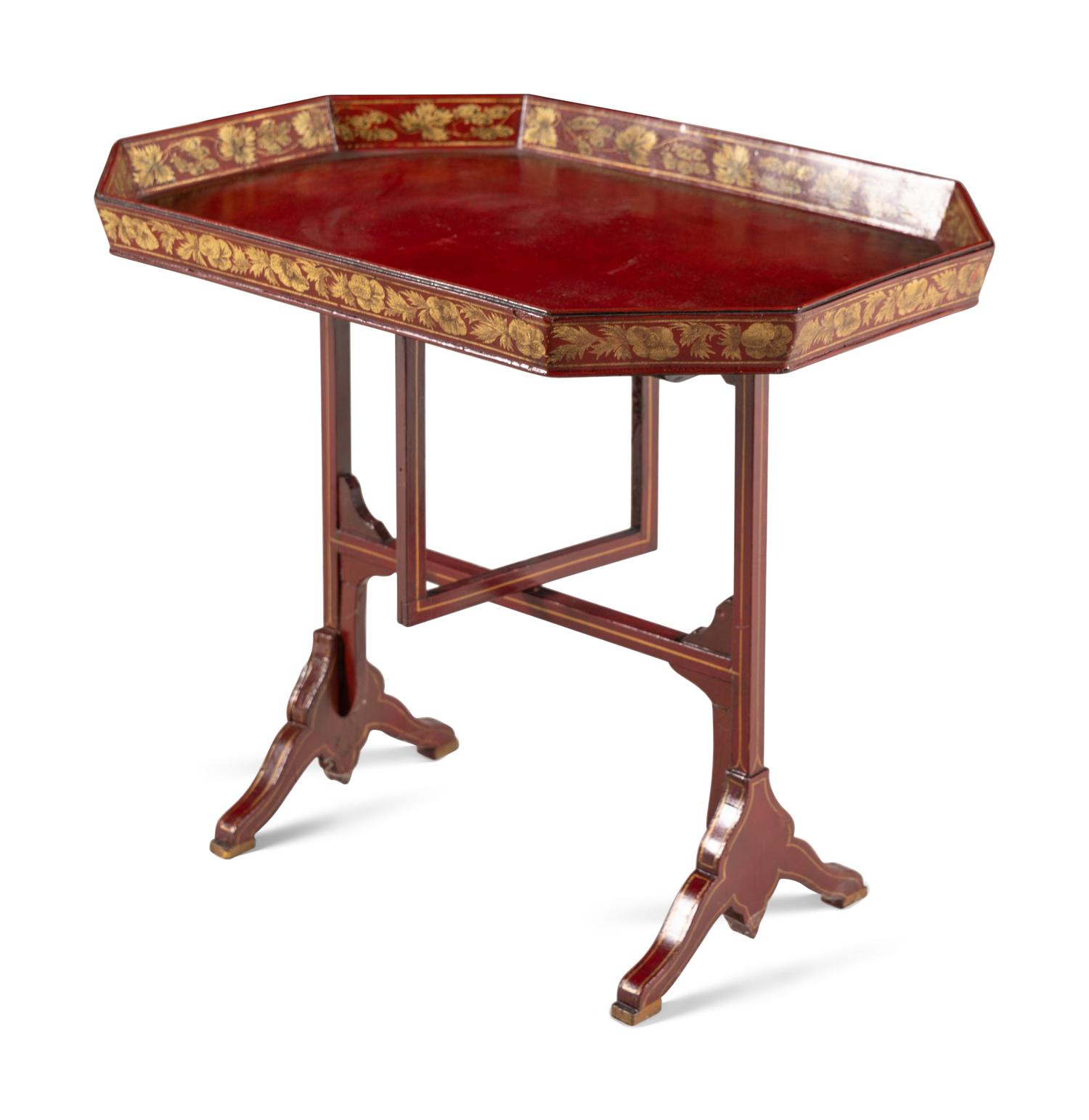 An English Painted and Parcel-Gilt Tilt-Top Tray on Stand