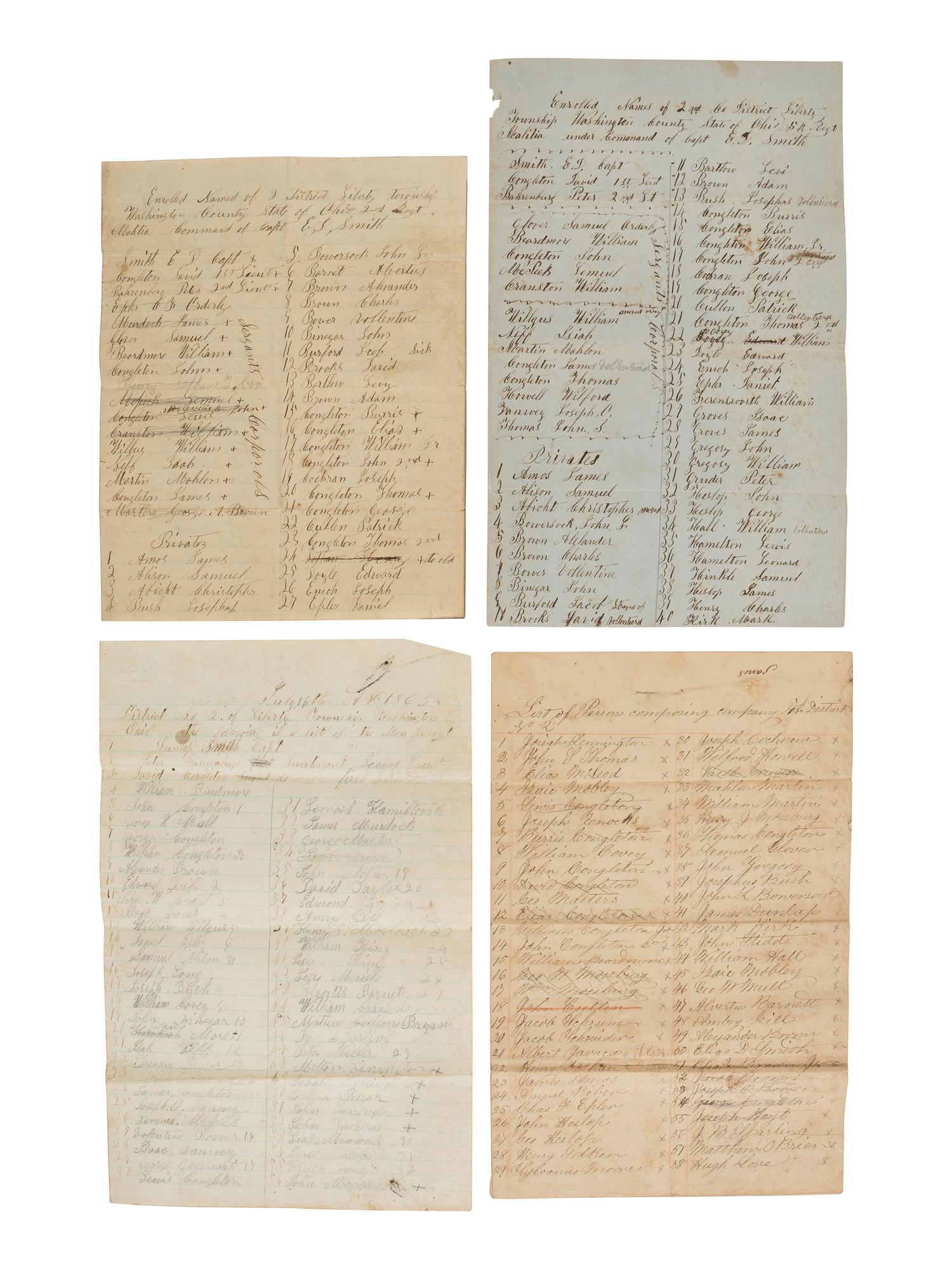 [CIVIL WAR] -- [MORGAN'S RAID]. Papers of Captain Elias D. Smith, Ohio Militia and 179th OVI, incl. muster roll of men called for the defense of eastern Ohio against John Hunt Morgan's raiders.