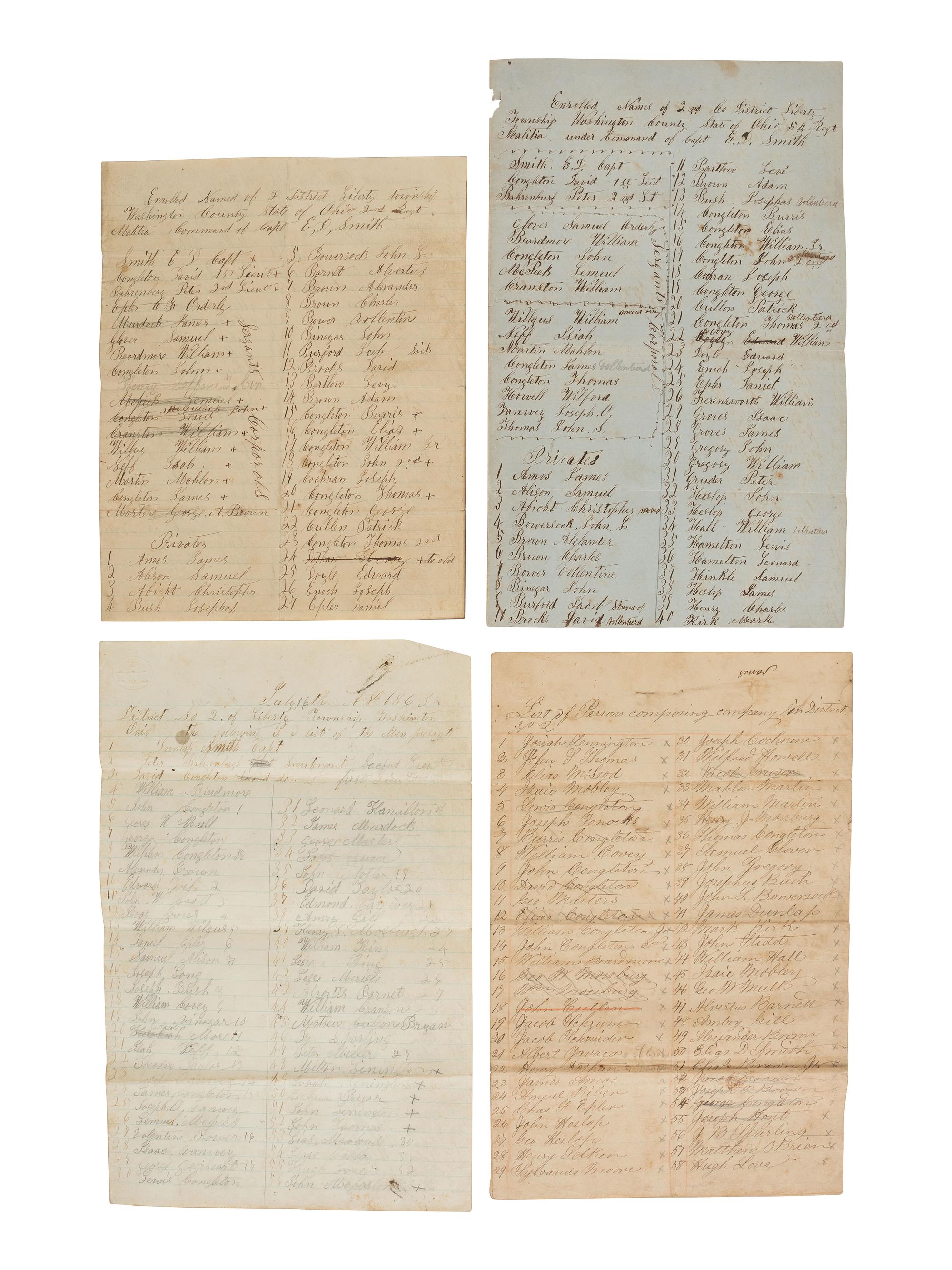 [CIVIL WAR] -- [MORGAN'S RAID]. Papers of Captain Elias D. Smith, Ohio Militia and 179th OVI, incl. muster roll of men called for the defense of eastern Ohio against John Hunt Morgan's raiders.