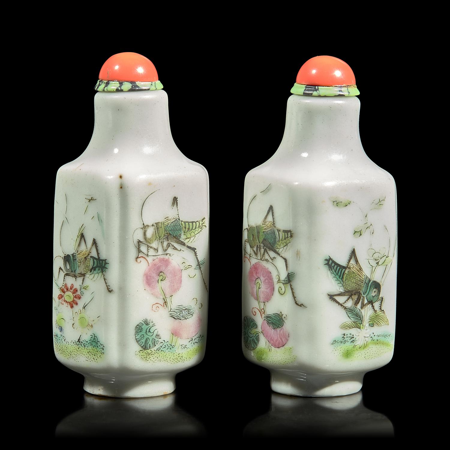 A Rare Pair of Chinese Enameled Porcelain "Cricket" Snuff Bottles, Daoguang Mark and of the Period
