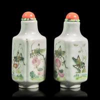 A Rare Pair of Chinese Enameled Porcelain "Cricket" Snuff Bottles, Daoguang Mark and of the Period