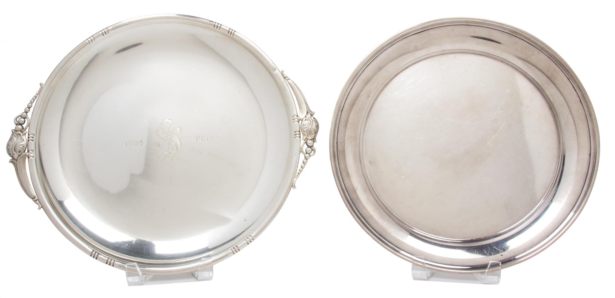 Two American Silver Circular Trays, Various Makers, one by J. Wagner & Son, New York, NY of Danish design, the other of plain design, n