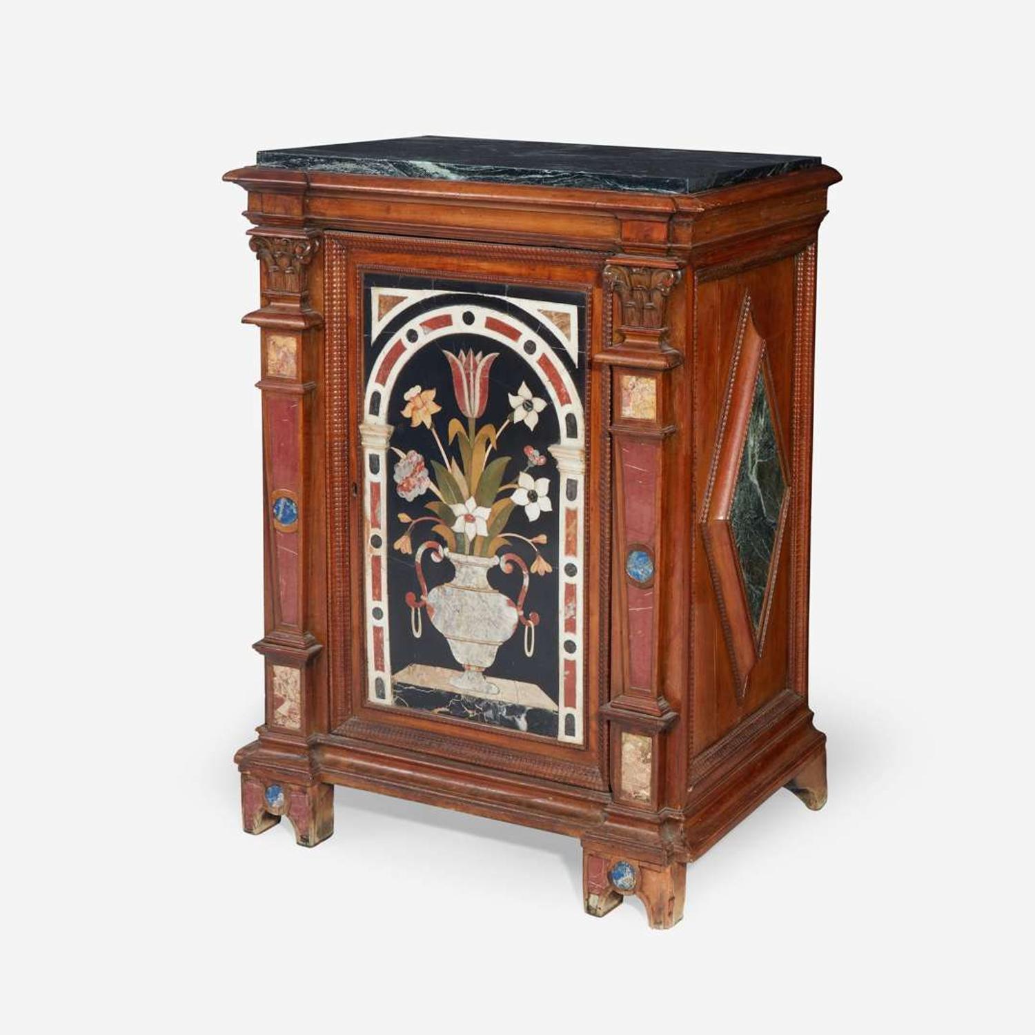 An Italian Renaissance Style Carved Walnut Cabinet with Pietra Dura Panels the cabinet 19th century, the pietra dura 18th century