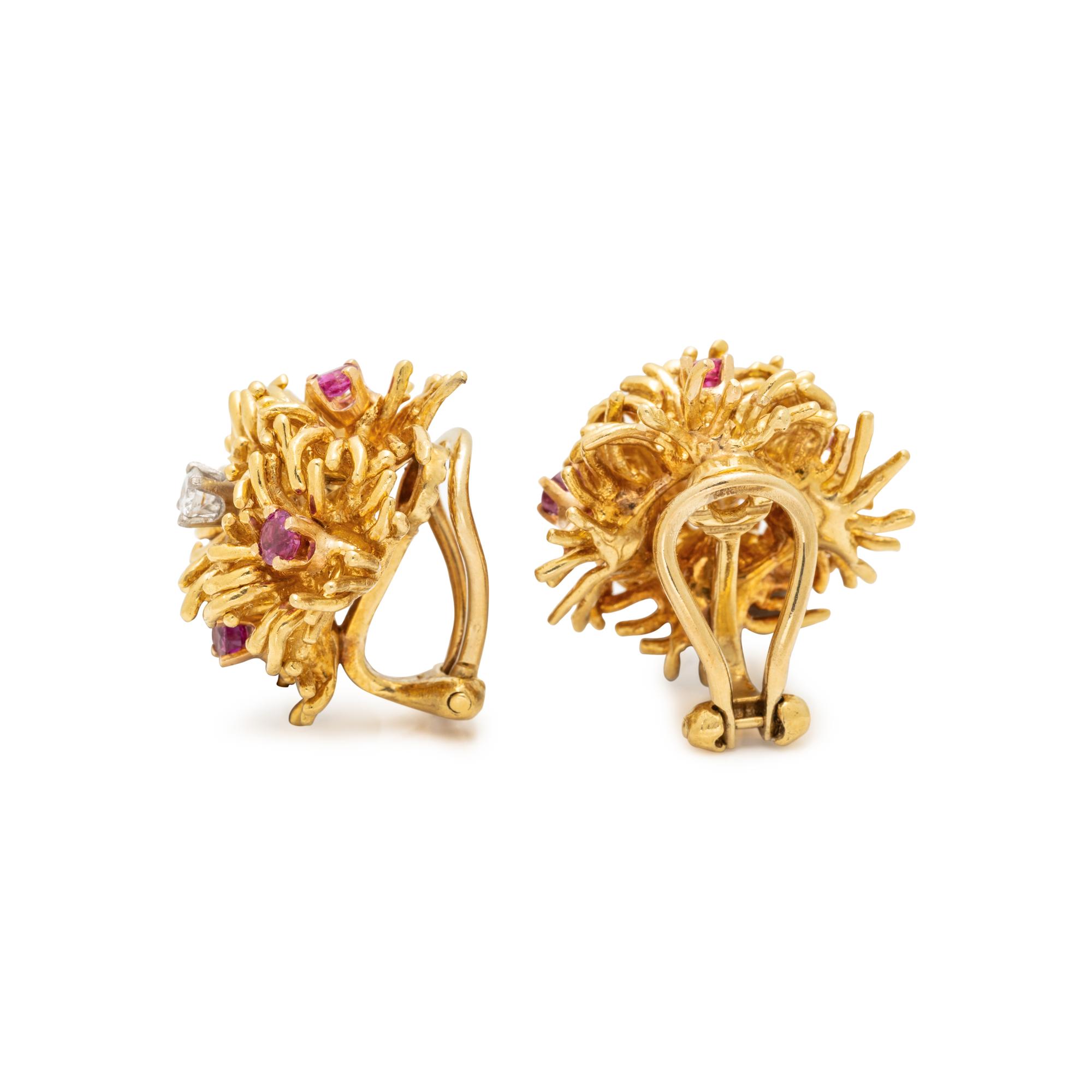 YELLOW GOLD, RUBY AND DIAMOND CLIP EARRINGS