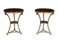 A Pair of French Neoclassical Gilt Bronze Gueridons with Inset Black Marble Tops