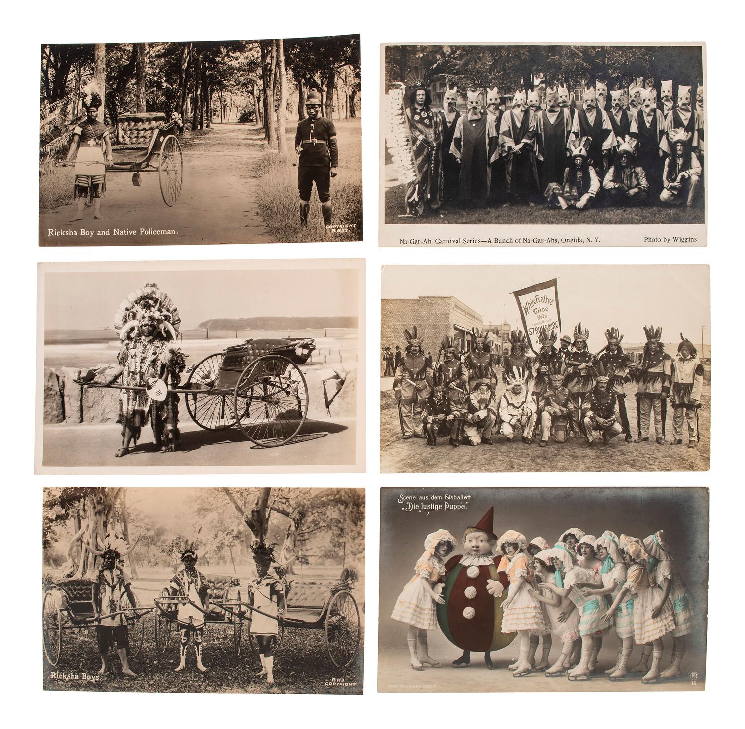 [EARLY PHOTOGRAPHY]. A group of 56 real photo postcards of performers and curious scenes and subjects from the United States and abroad, including: