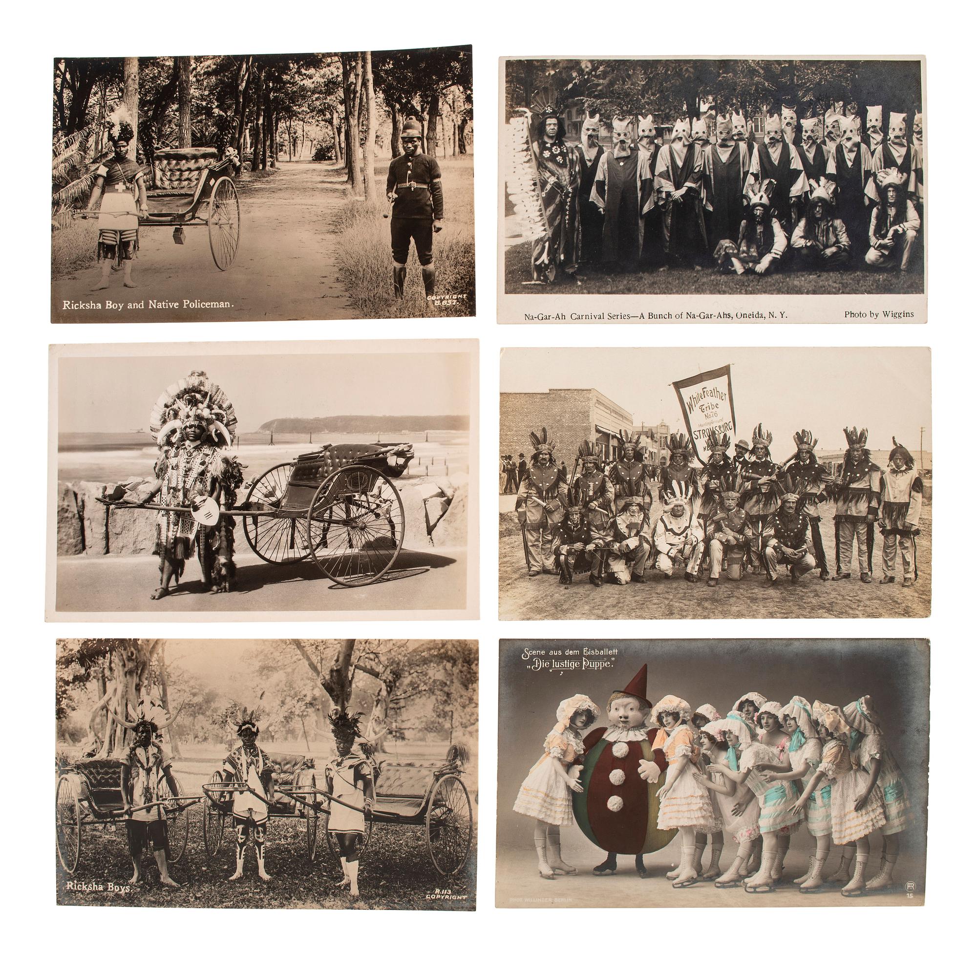 [EARLY PHOTOGRAPHY]. A group of 56 real photo postcards of performers and curious scenes and subjects from the United States and abroad, including: