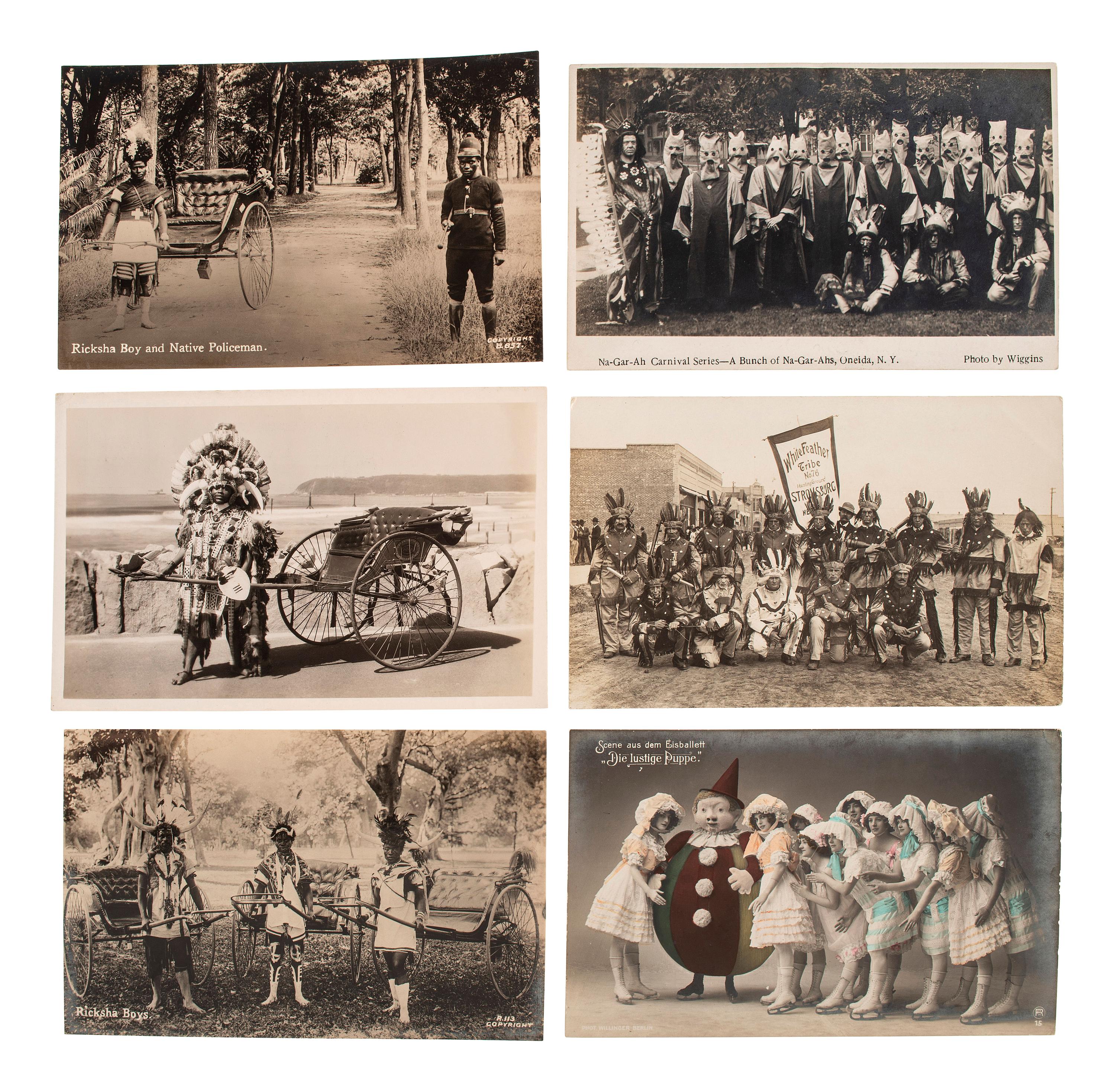 [EARLY PHOTOGRAPHY]. A group of 56 real photo postcards of performers and curious scenes and subjects from the United States and abroad, including: