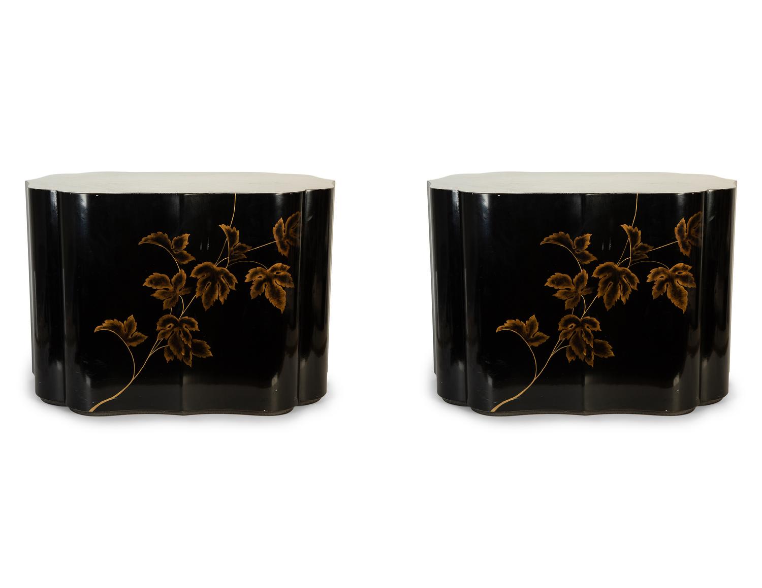 A Pair of Modernist Chinese Black and Gilt Decorated Lacquered Side Tables