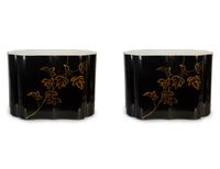 A Pair of Modernist Chinese Black and Gilt Decorated Lacquered Side Tables