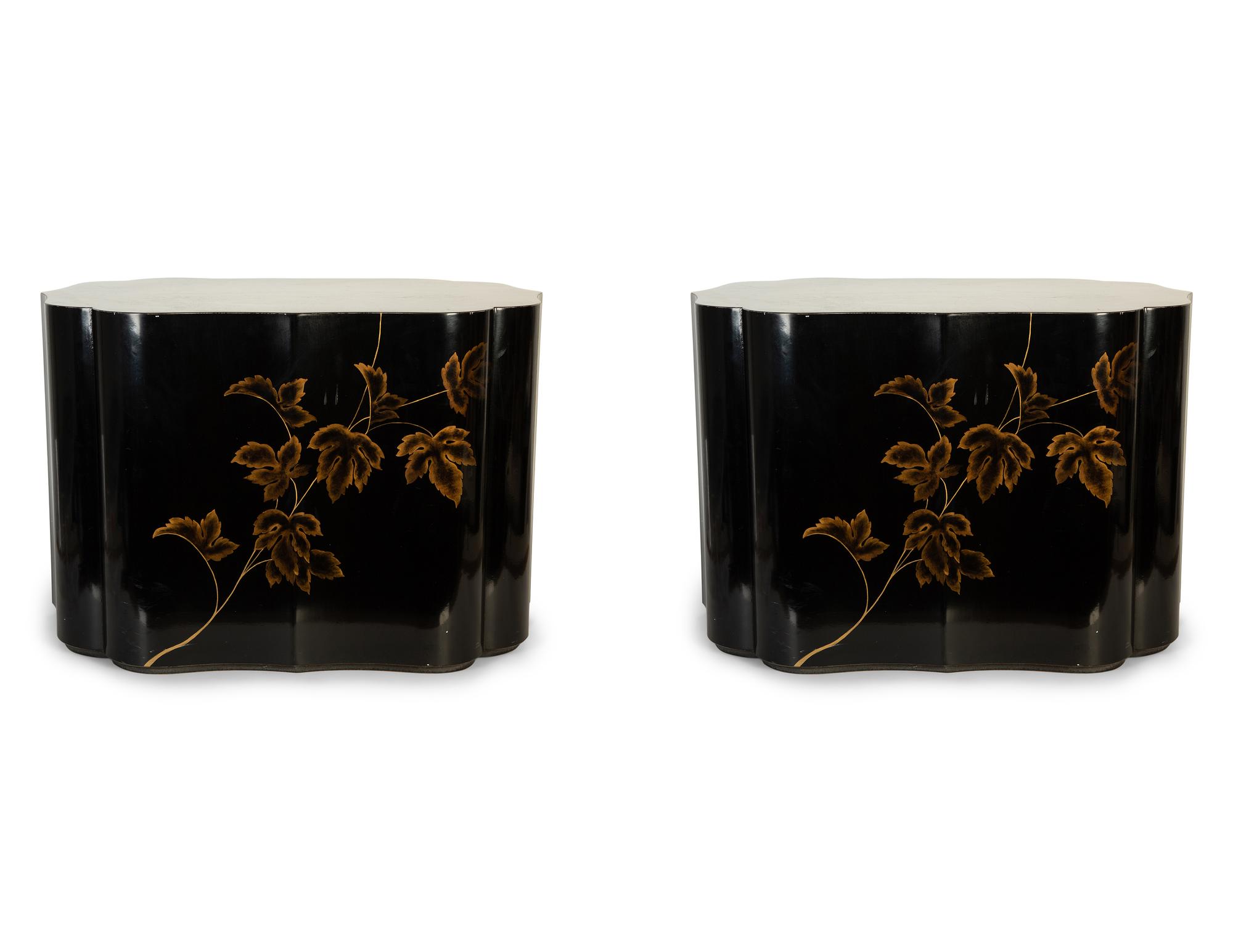 A Pair of Modernist Chinese Black and Gilt Decorated Lacquered Side Tables