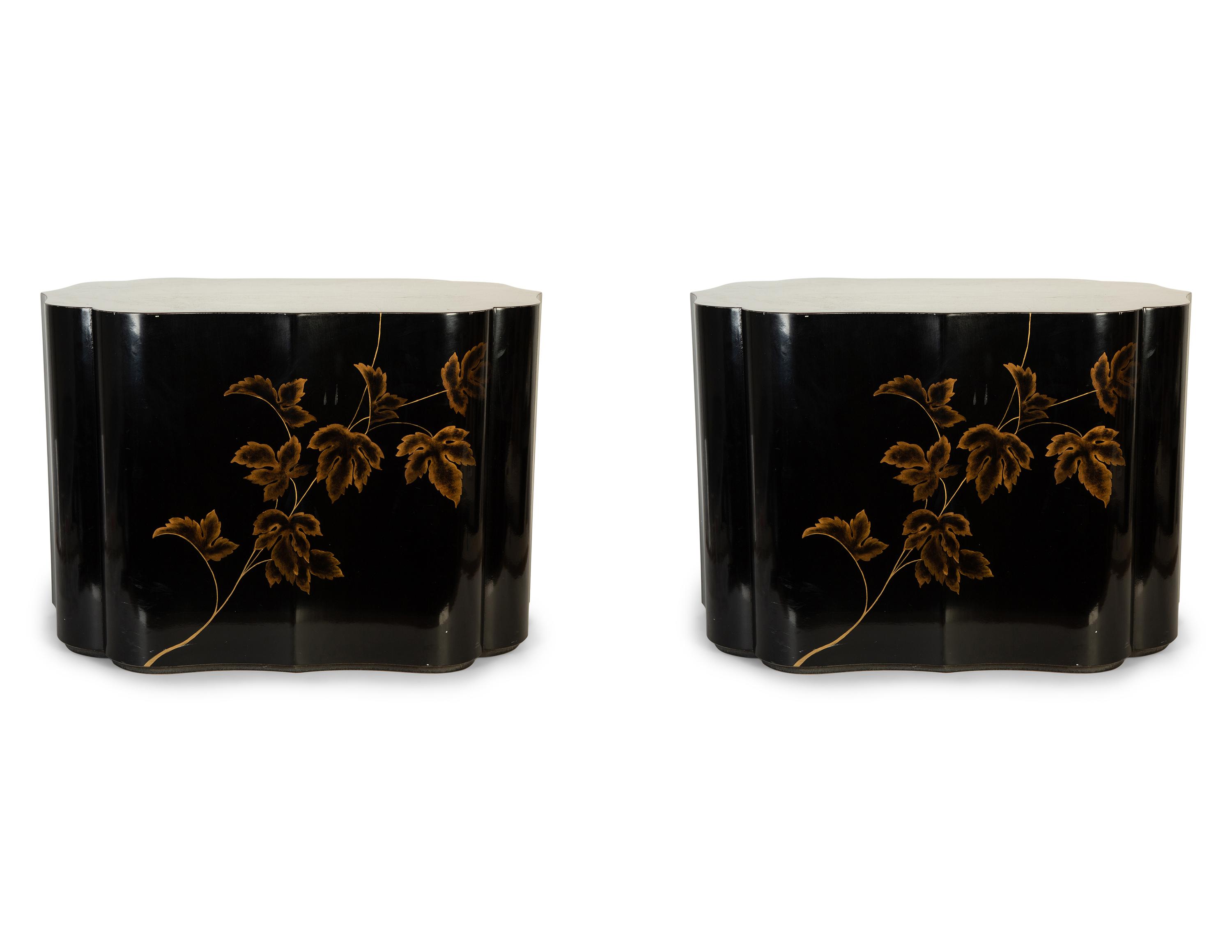A Pair of Modernist Chinese Black and Gilt Decorated Lacquered Side Tables