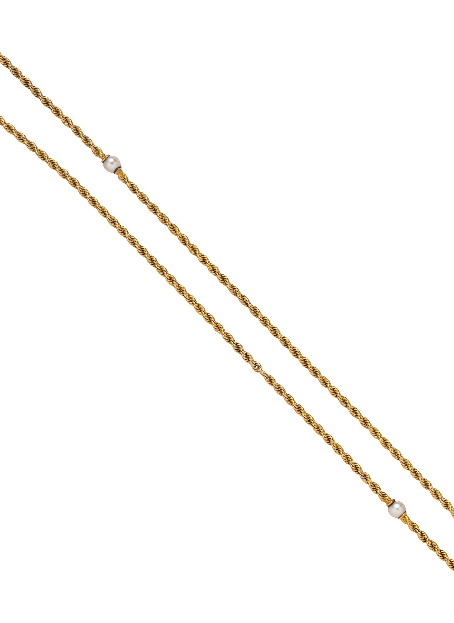 YELLOW GOLD AND CULTURED PEARL FOB CHAIN NECKLACE