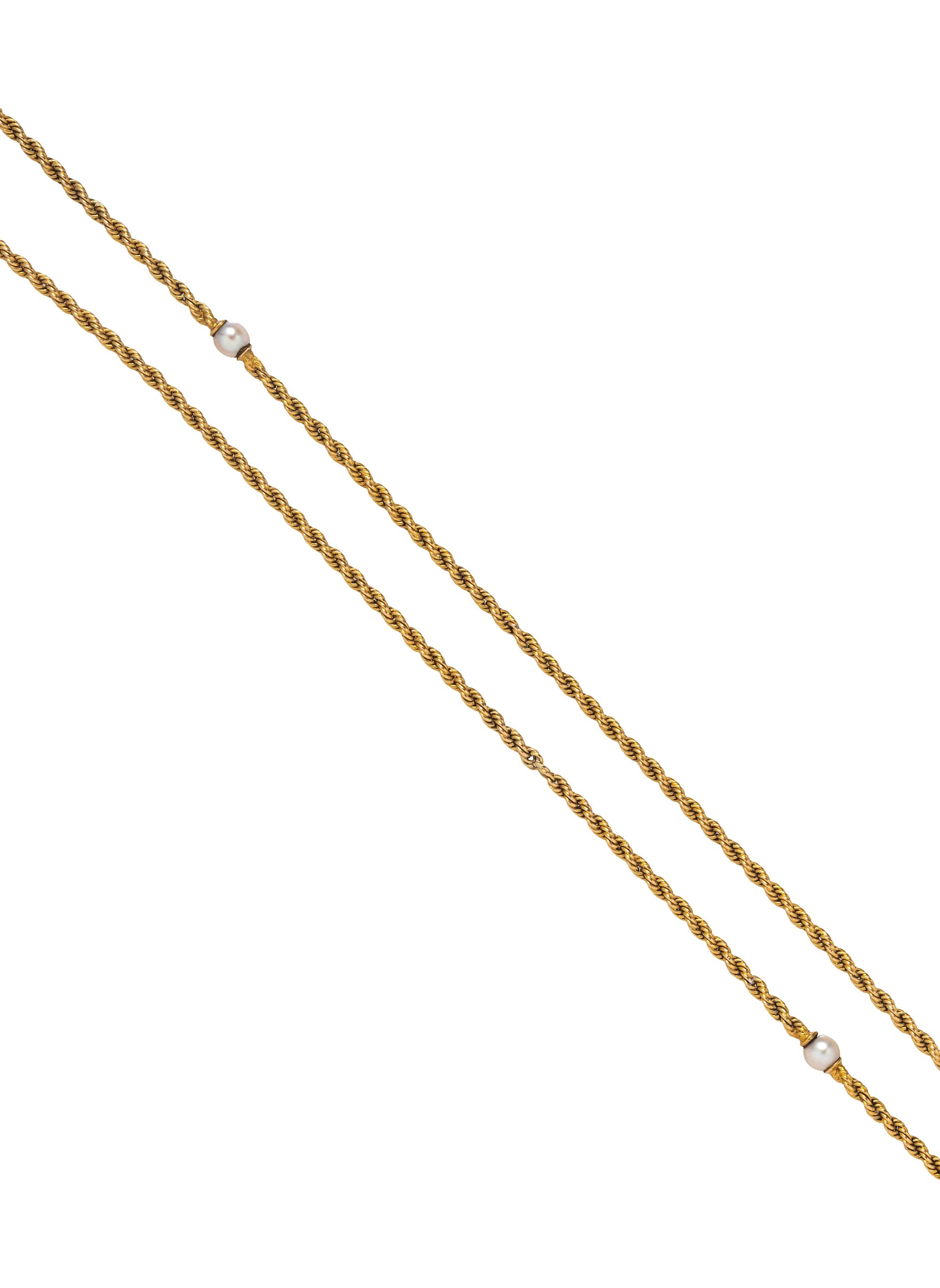 YELLOW GOLD AND CULTURED PEARL FOB CHAIN NECKLACE