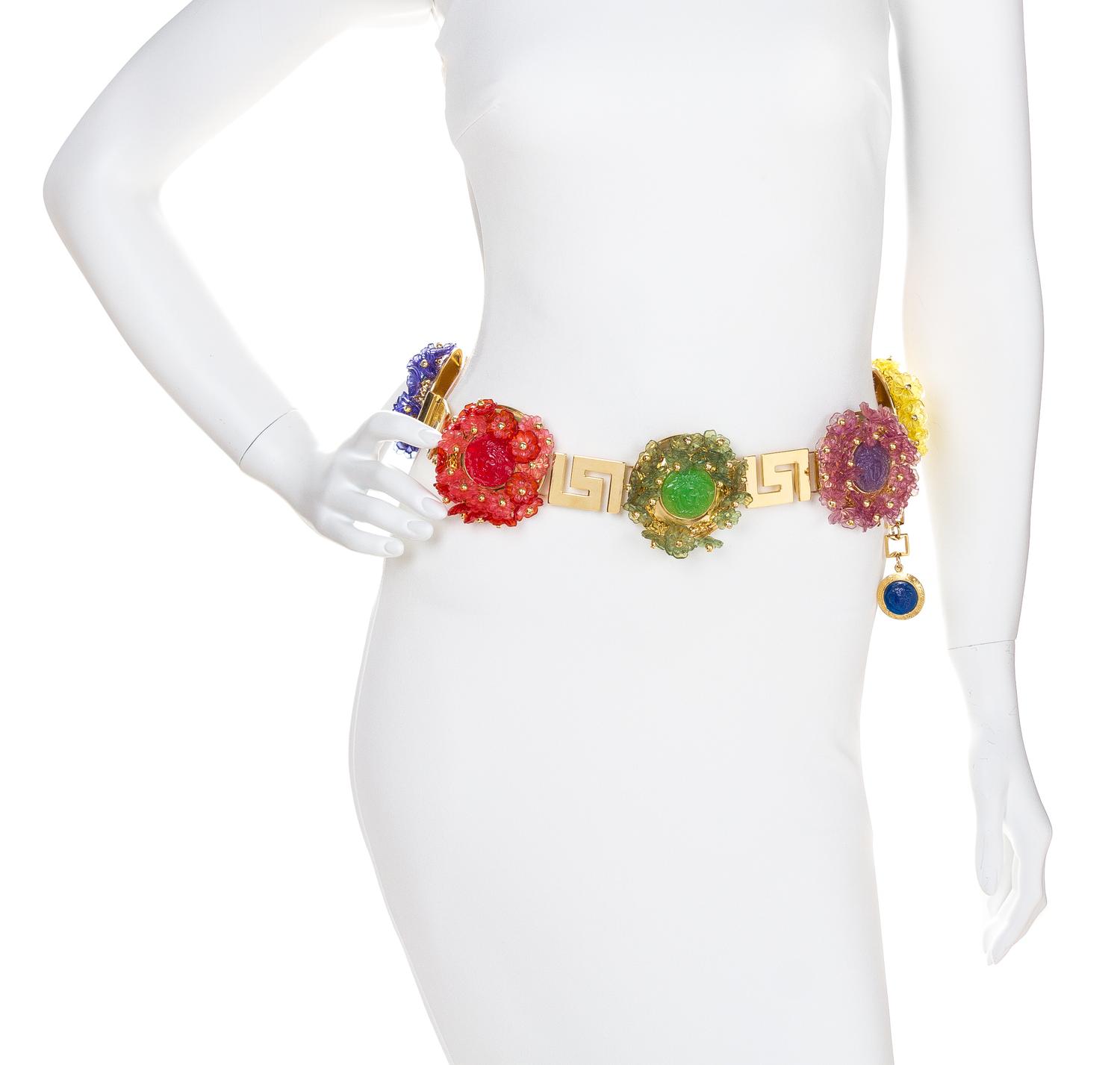 A Gianni Versace Multicolor Floral and Greco Link Belt, 34" x 1.25". Medallions: 3" x 3".