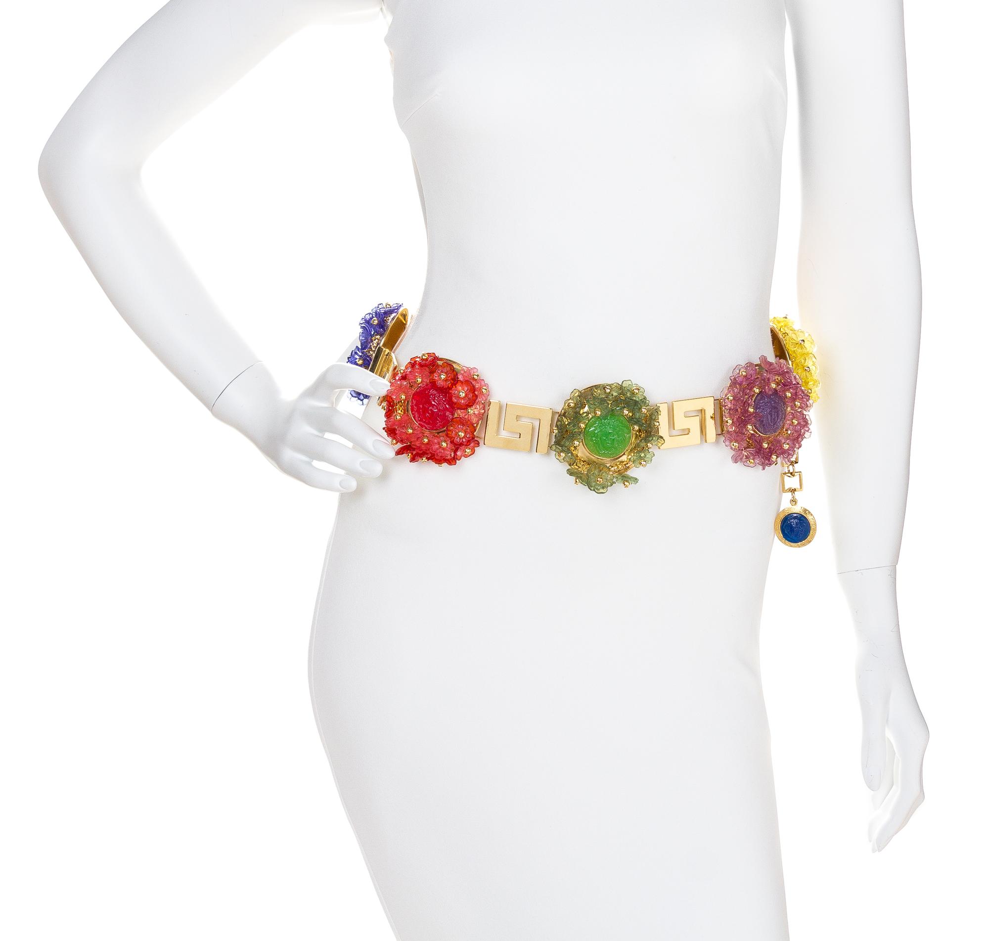 A Gianni Versace Multicolor Floral and Greco Link Belt, 34" x 1.25". Medallions: 3" x 3".