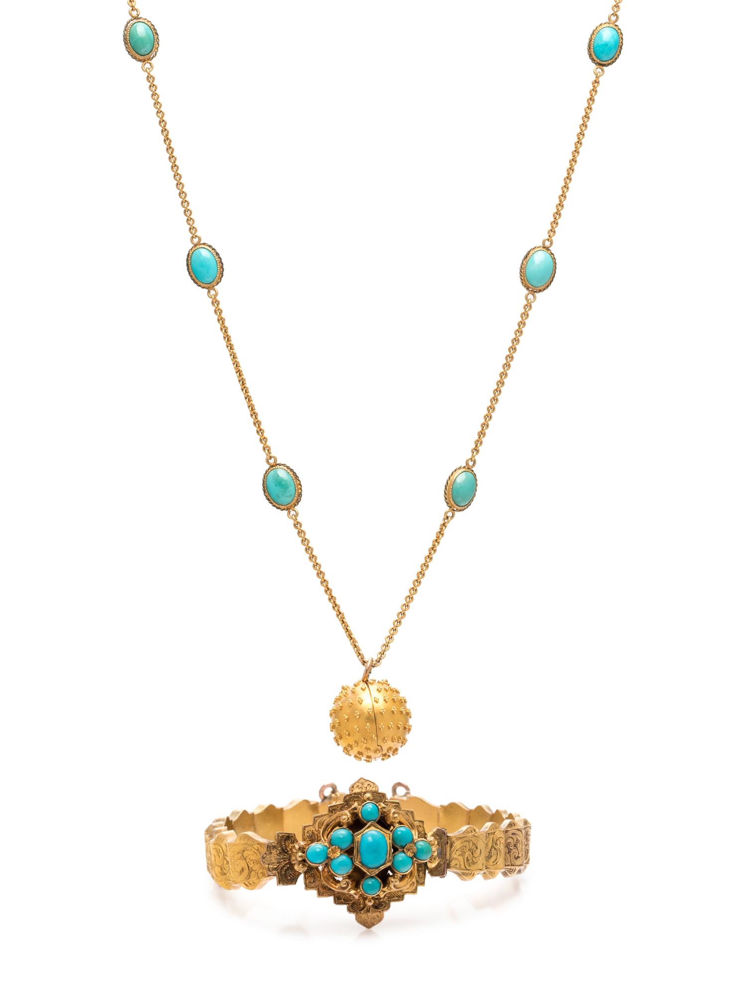 ANTIQUE, COLLECTION OF YELLOW GOLD AND TURQUOISE JEWELRY