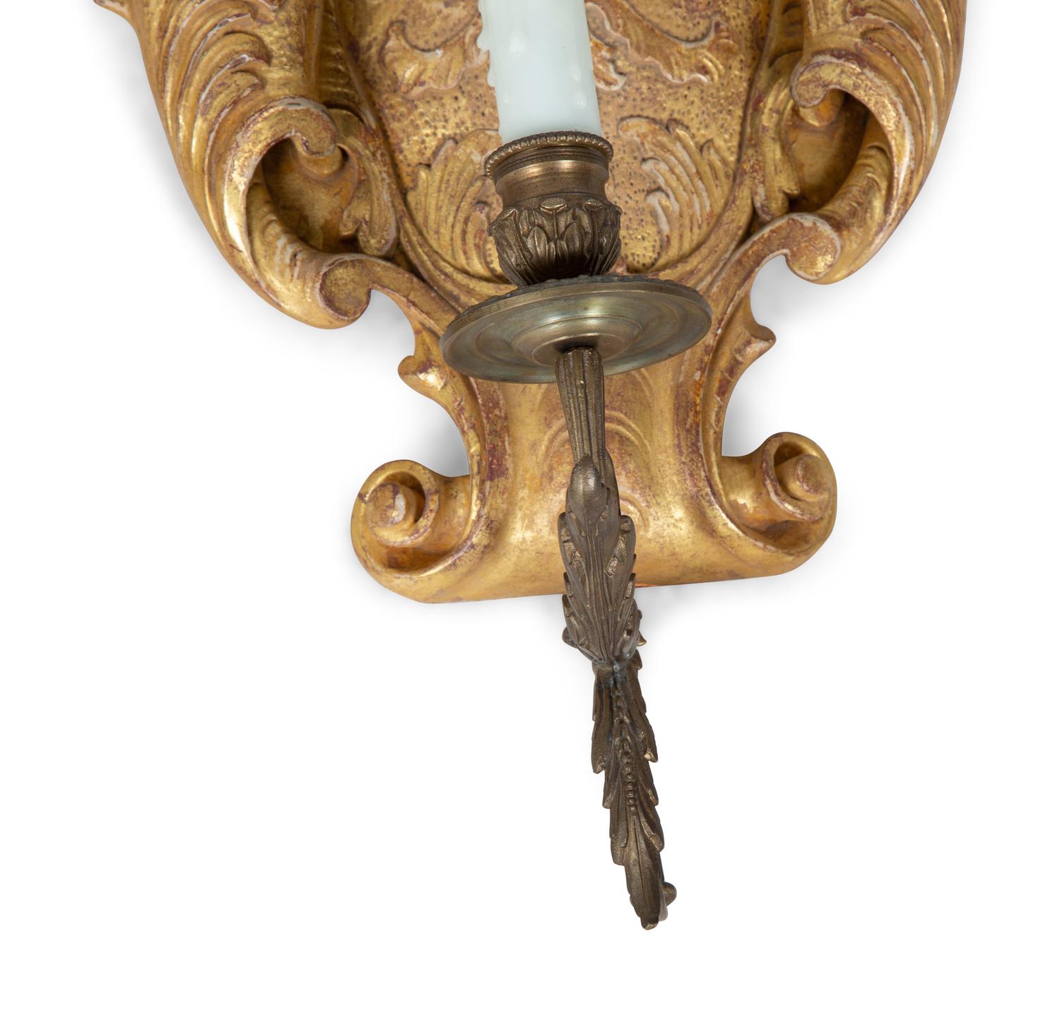 A Pair of Italian Baroque Style Giltwood and Bronze Single-Light Sconces — 19TH CENTURY