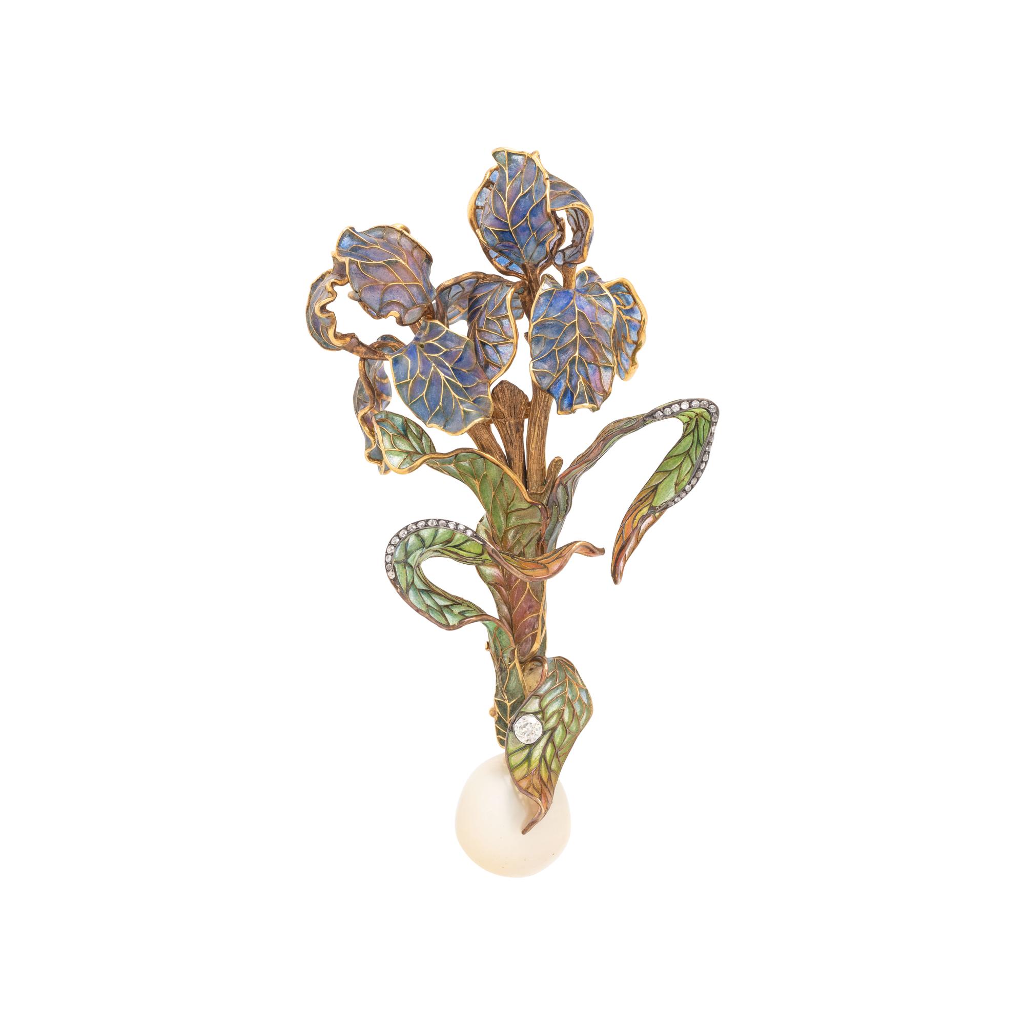 EVELYN CLOTHIER, AN ELEGANT PLIQUE-À-JOUR ENAMEL, DIAMOND AND CULTURED SOUTH SEA PEARL IRIS BROOCH