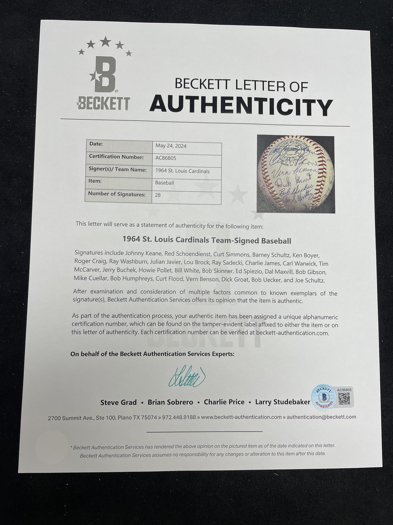 A 1964 World Series Champion St. Louis Cardinals Team Signed Autograph Baseball (Beckett Authentication Services)
