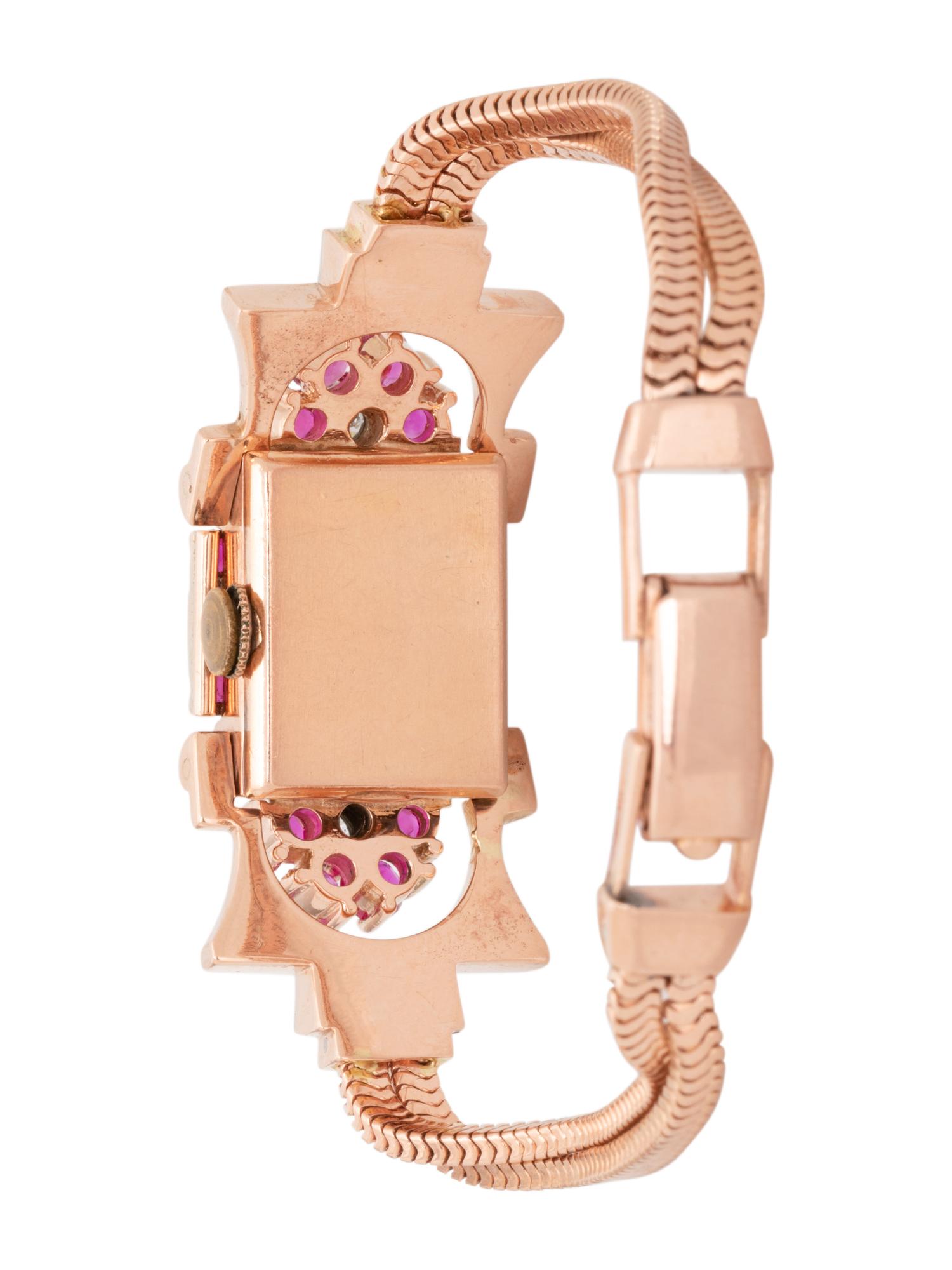 HAMILTON, RETRO, 14K ROSE GOLD, RUBY AND DIAMOND SURPRISE WRISTWATCH