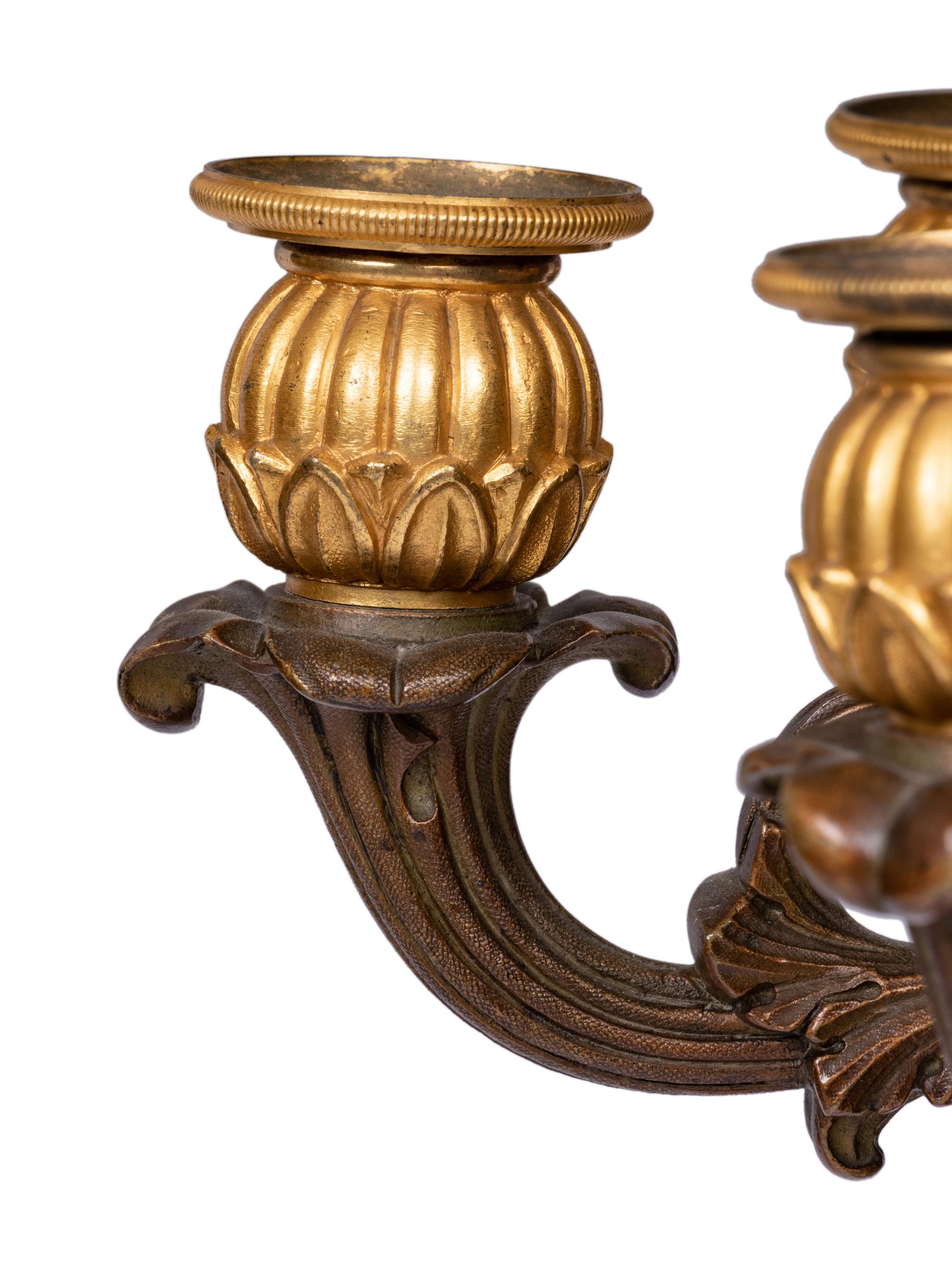 A Pair of Louis Philippe Gilt and Patinated Metal Six-Light Candelabra Mounted as Lamps