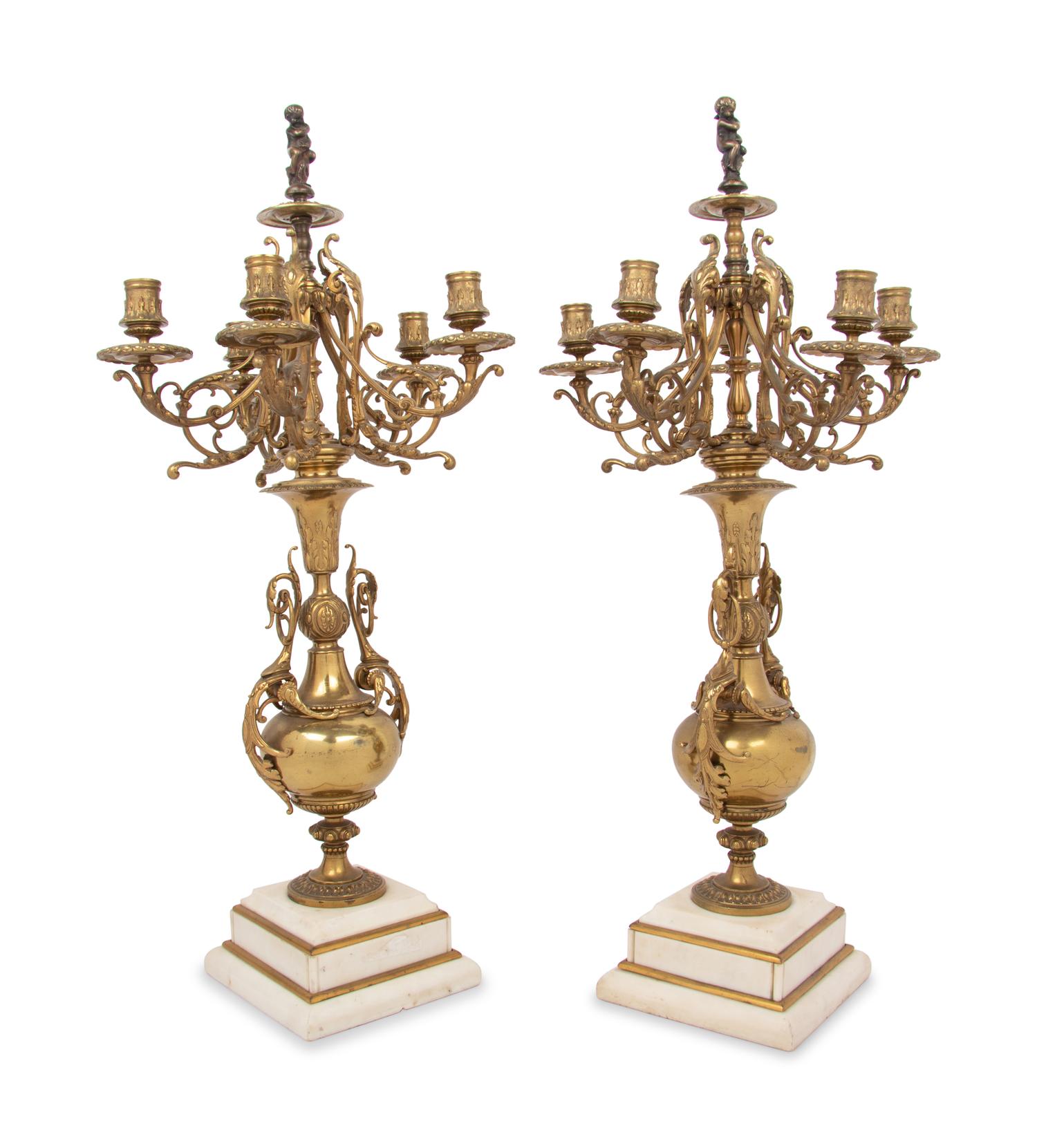 A Pair of Continental Brass Five-Light Candelabra on Marble Bases