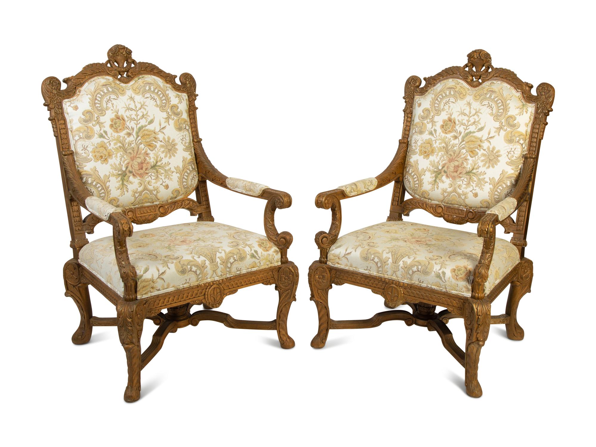 A Pair of Victorian Carved and Upholstered Open Armchairs — 19TH/20TH CENTURY