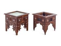 A Near Pair of Syrian Carved and Inlaid Walnut Low Vitrine Tables