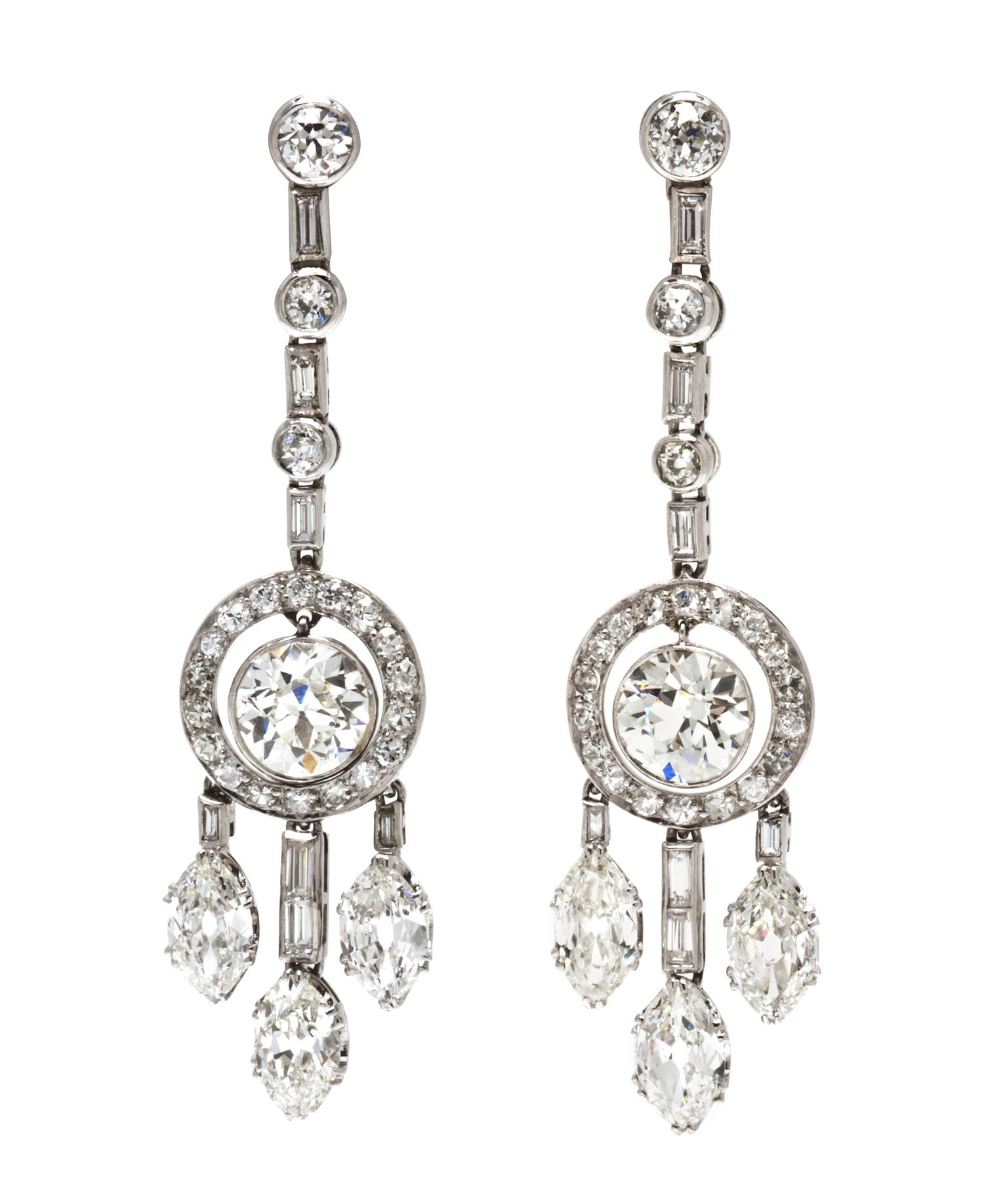 A Pair of Art Deco Platinum and Diamond Dangle Earrings, 7.80 dwts.