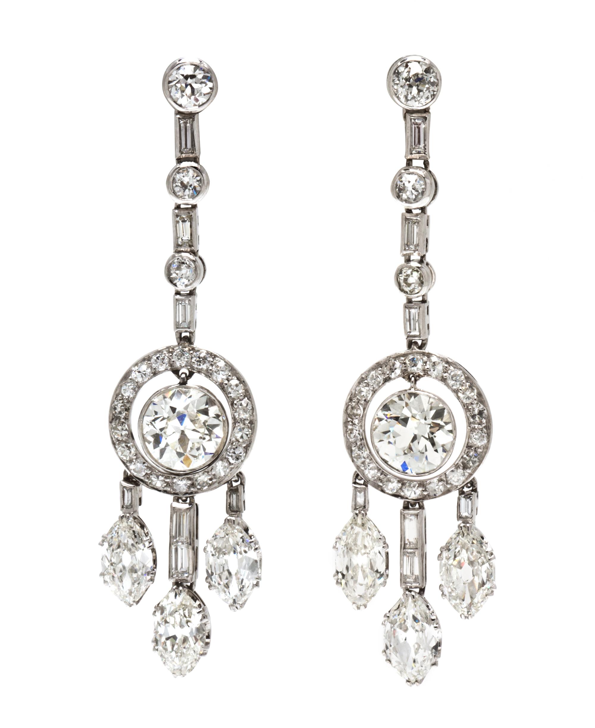 A Pair of Art Deco Platinum and Diamond Dangle Earrings, 7.80 dwts.