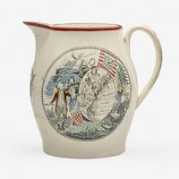 An enamel and transfer-decorated creamware jug Probably Liverpool, England, circa 1800