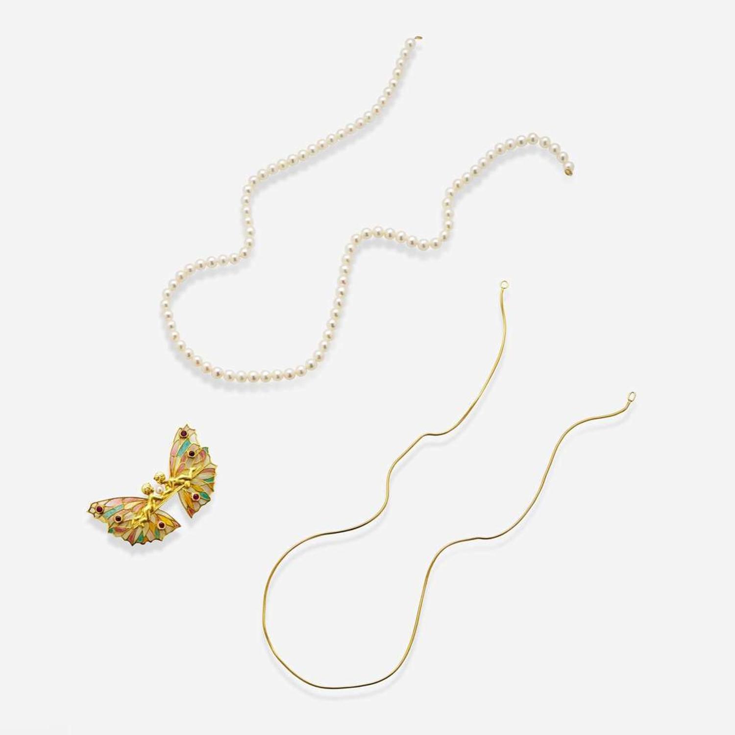 A Masriera Enamel, Pearl, and Ruby Pendant with Interchangeable Necklaces