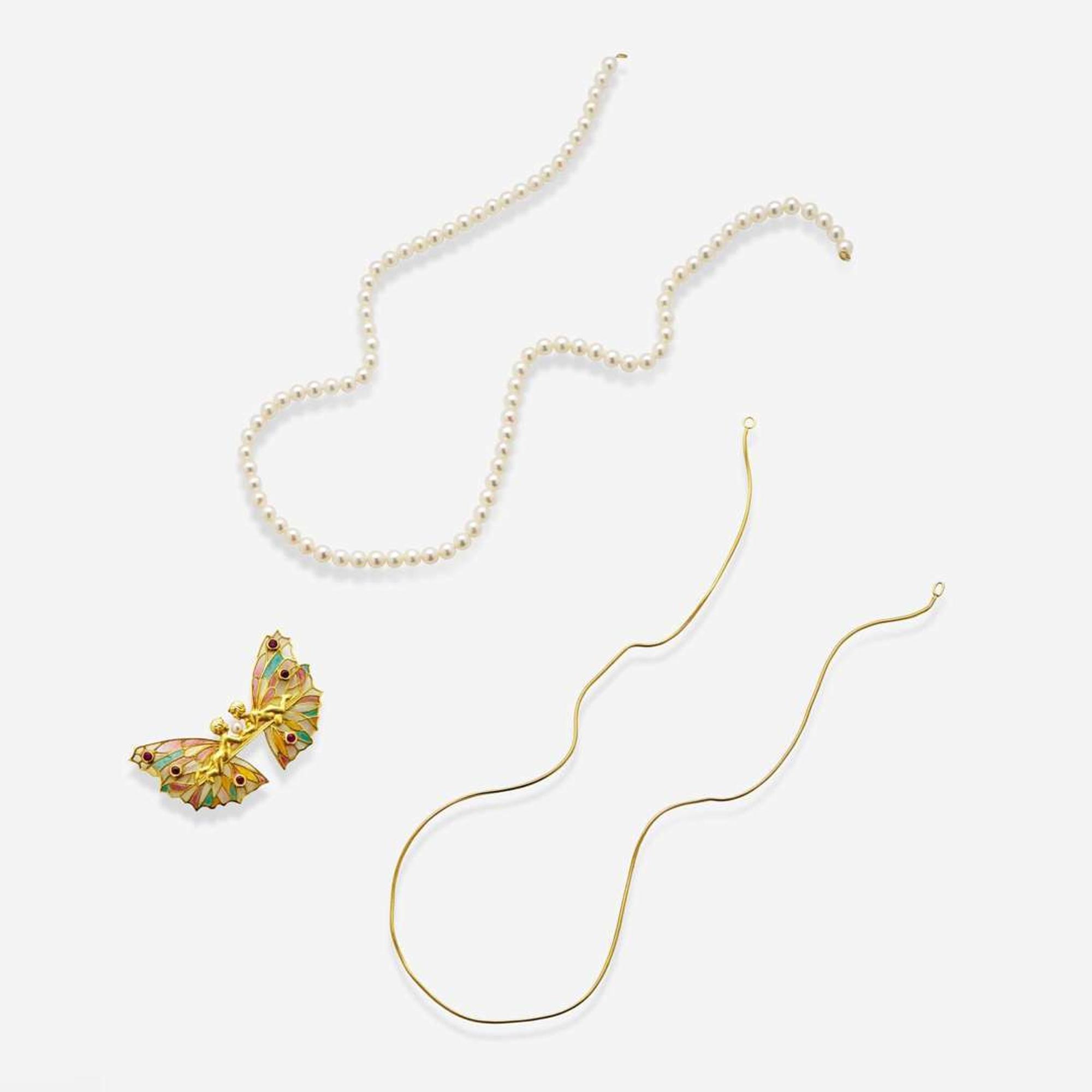 A Masriera Enamel, Pearl, and Ruby Pendant with Interchangeable Necklaces
