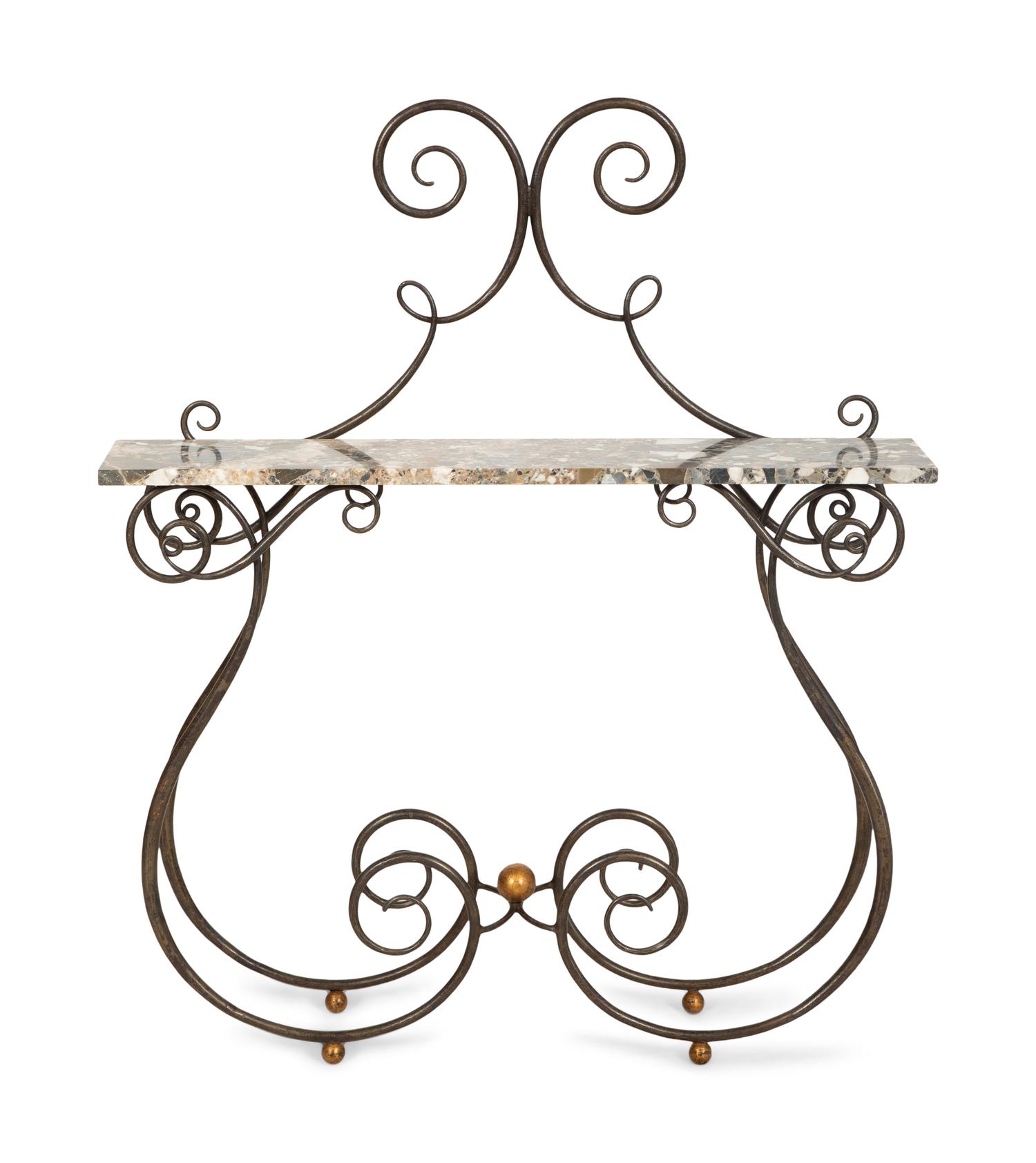 A Wrought Iron and Parcel Gilt Marble Top Console Table