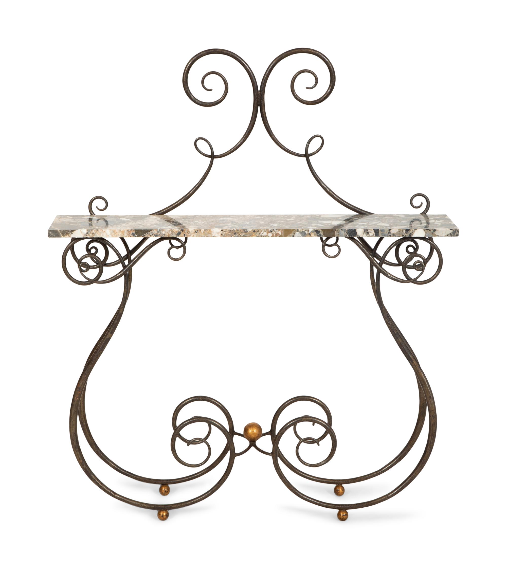 A Wrought Iron and Parcel Gilt Marble Top Console Table