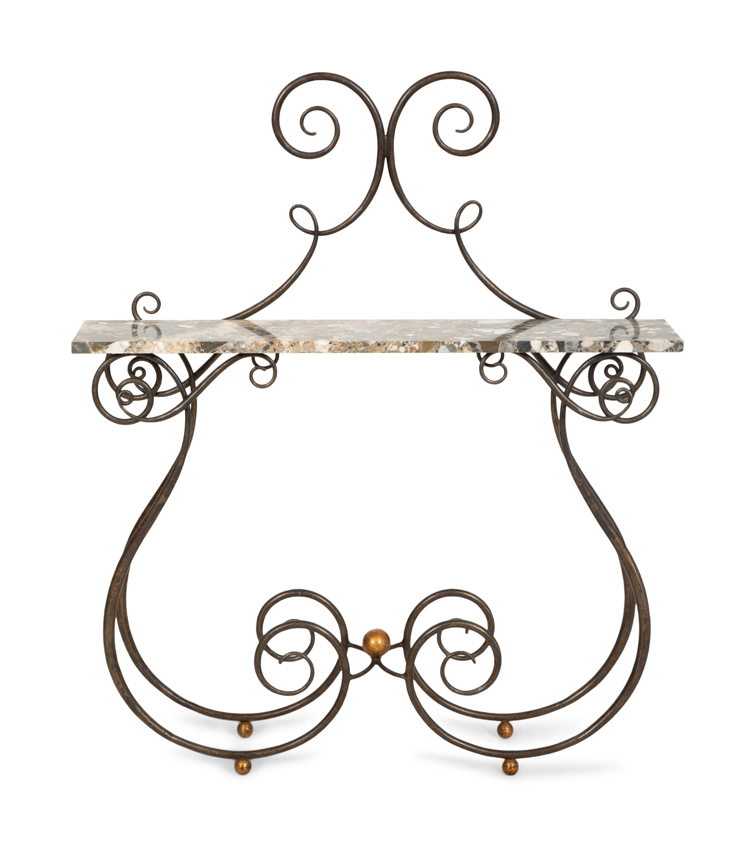 A Wrought Iron and Parcel Gilt Marble Top Console Table