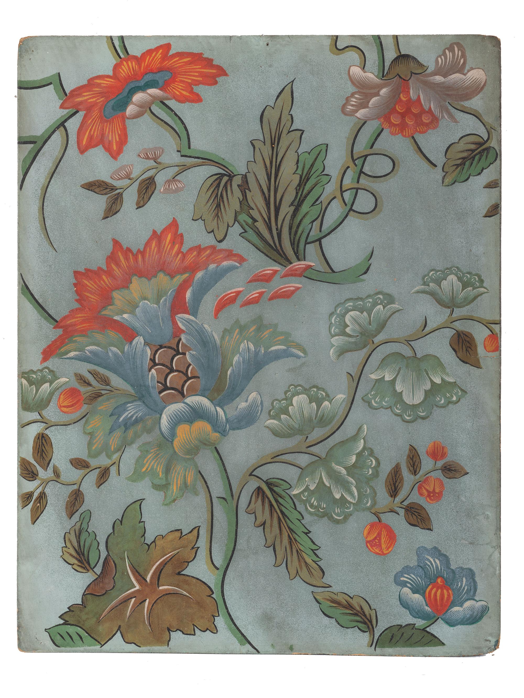 Five Continental Hand Painted Floral Wall Paper Panels