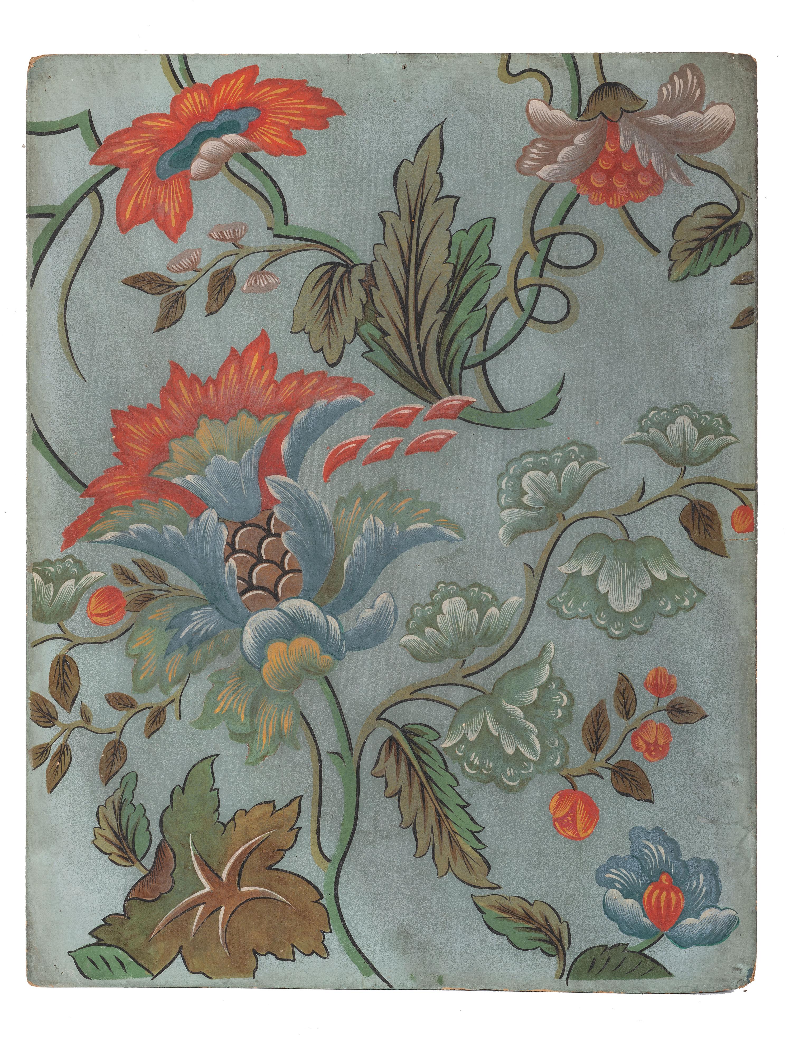 Five Continental Hand Painted Floral Wall Paper Panels