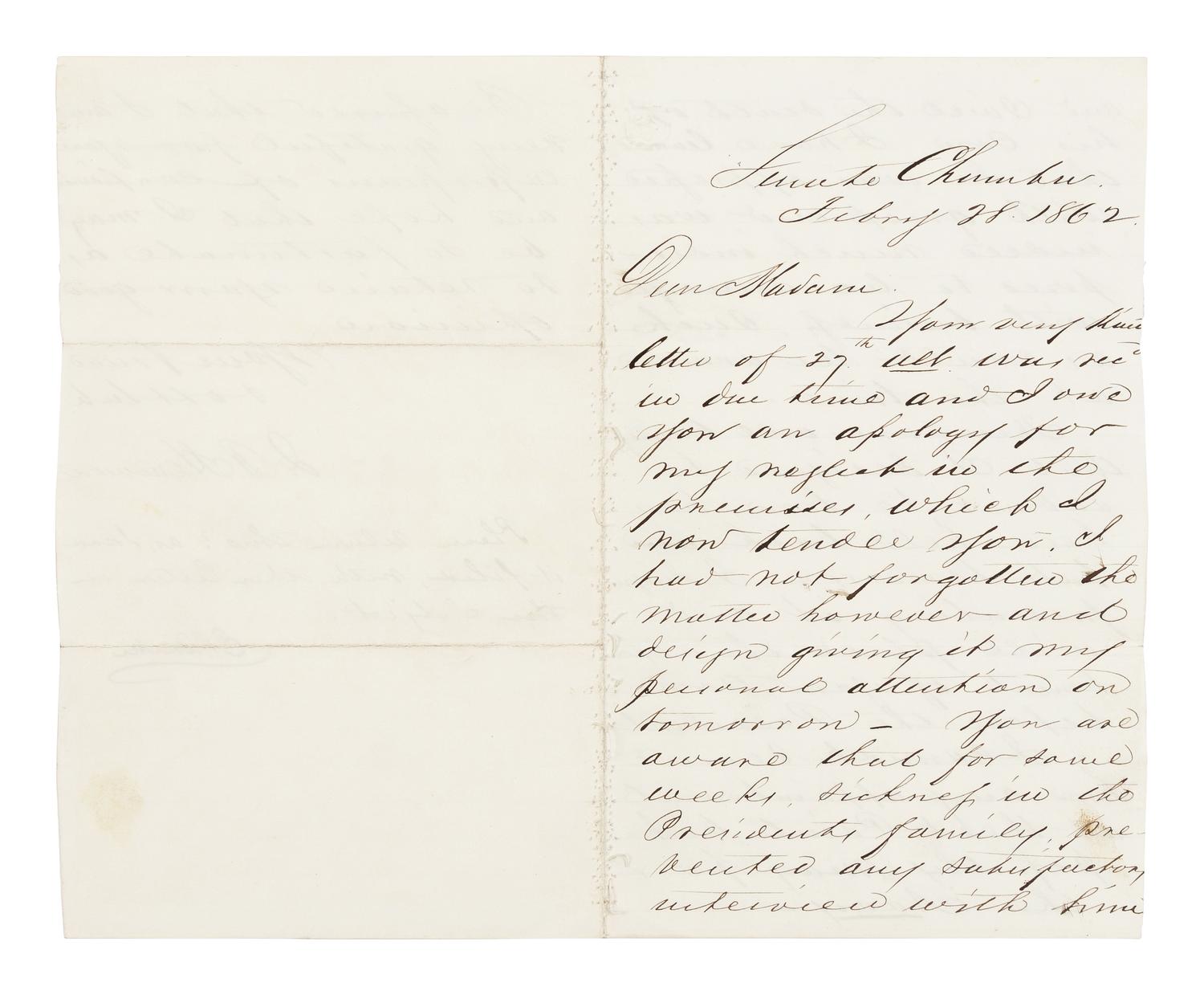 HENDERSON, John (1826-1913). Autograph letter signed ("J.B. Henderson") presumably to Emily Pillsbury Burke. Washington, D.C., 28 February 1862.