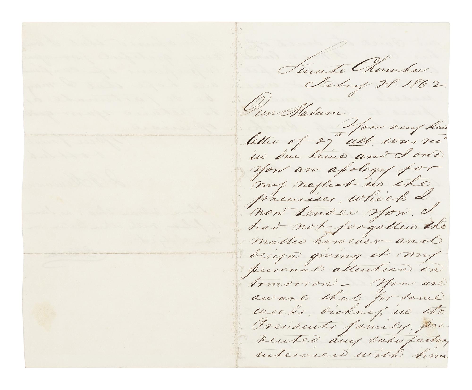 HENDERSON, John (1826-1913). Autograph letter signed ("J.B. Henderson") presumably to Emily Pillsbury Burke. Washington, D.C., 28 February 1862.