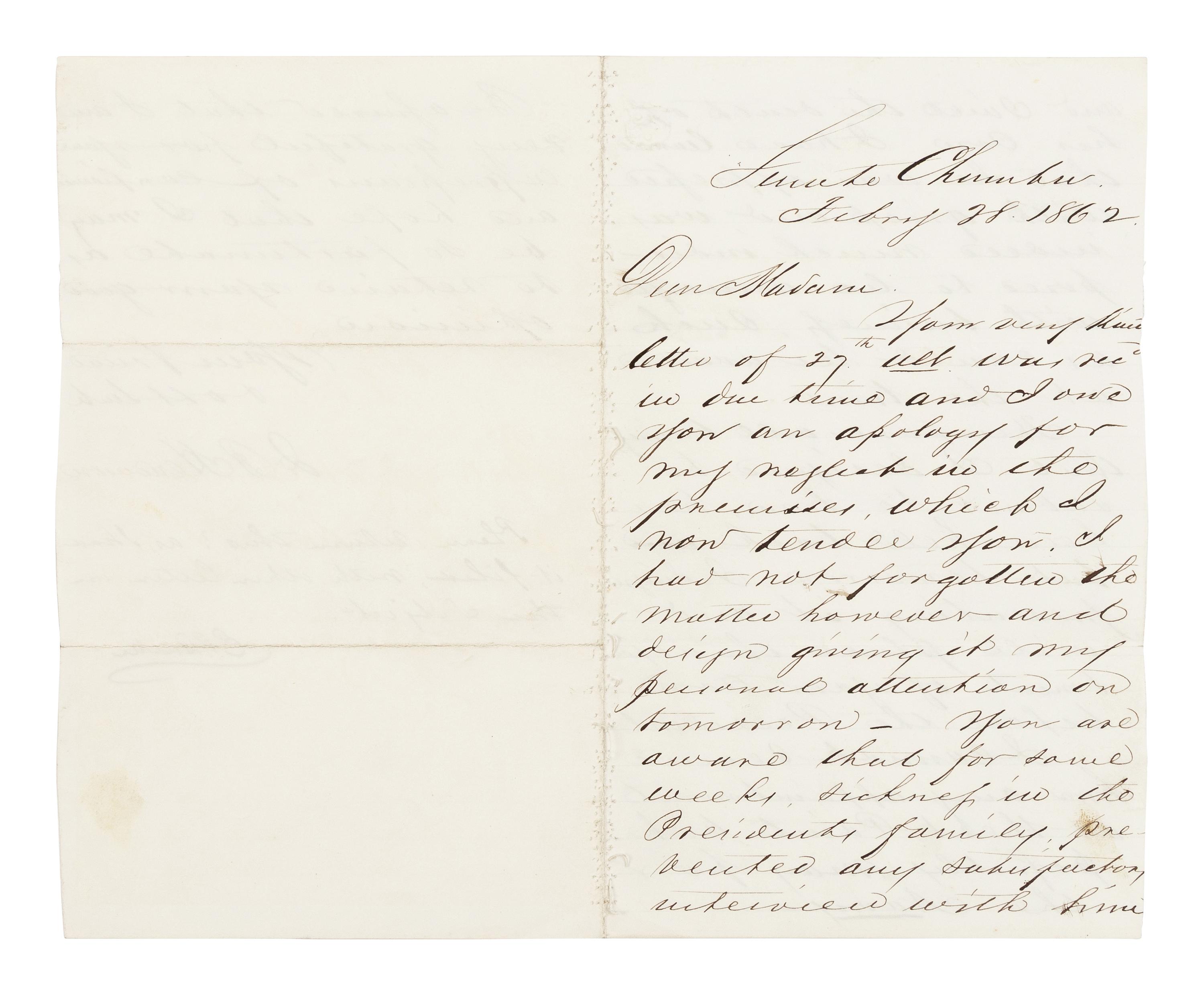 HENDERSON, John (1826-1913). Autograph letter signed ("J.B. Henderson") presumably to Emily Pillsbury Burke. Washington, D.C., 28 February 1862.